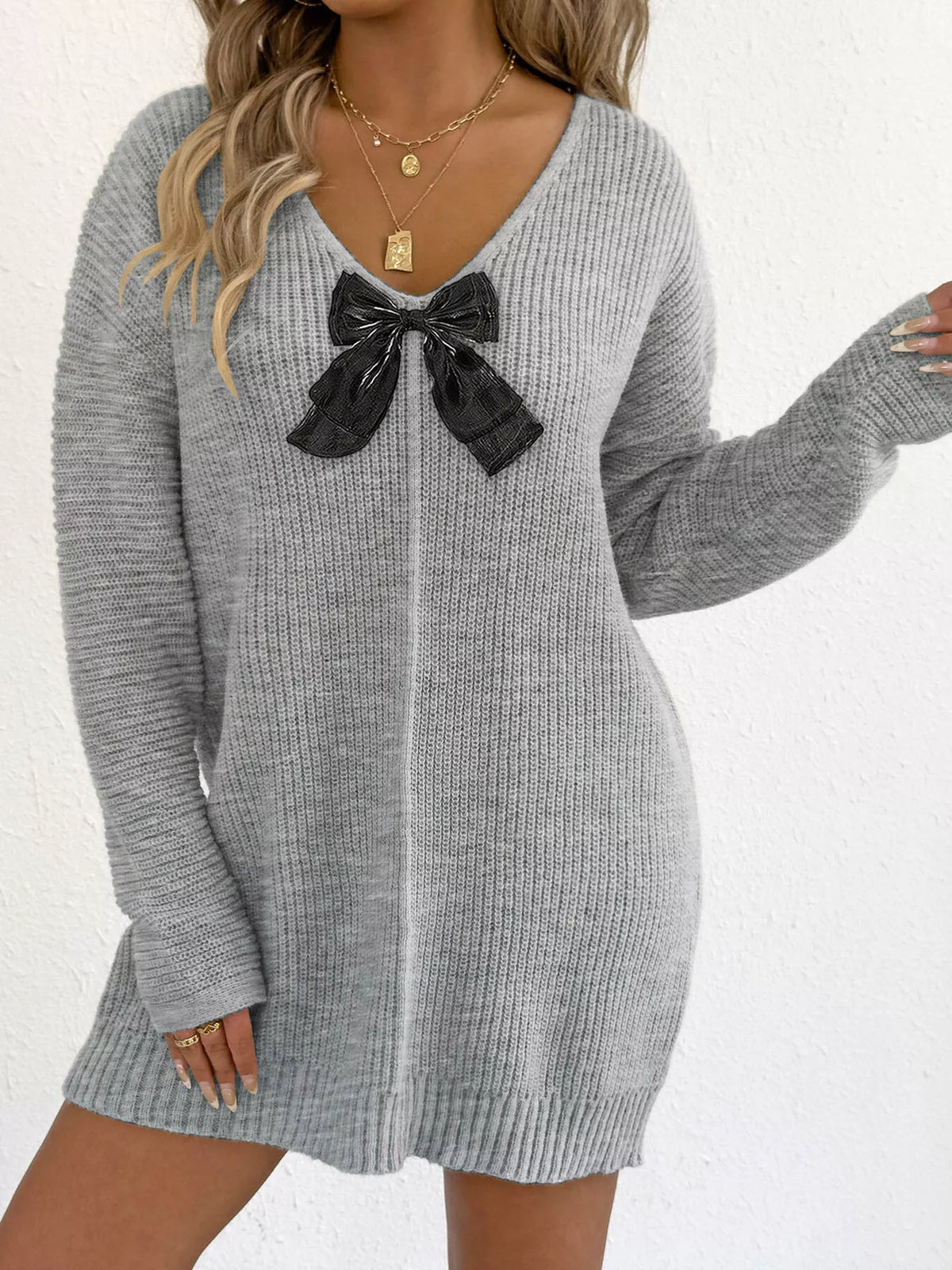 Bow Ribbed Knit Sweater Dress in Gray