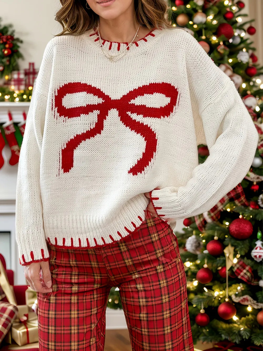 Bow Round Neck Long Sleeve Sweater - Lilixa.store