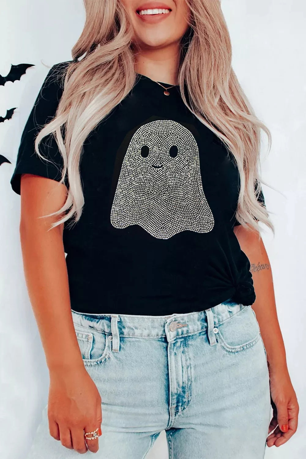Full Size Rhinestone Ghost Round Neck T-Shirt Plus Size