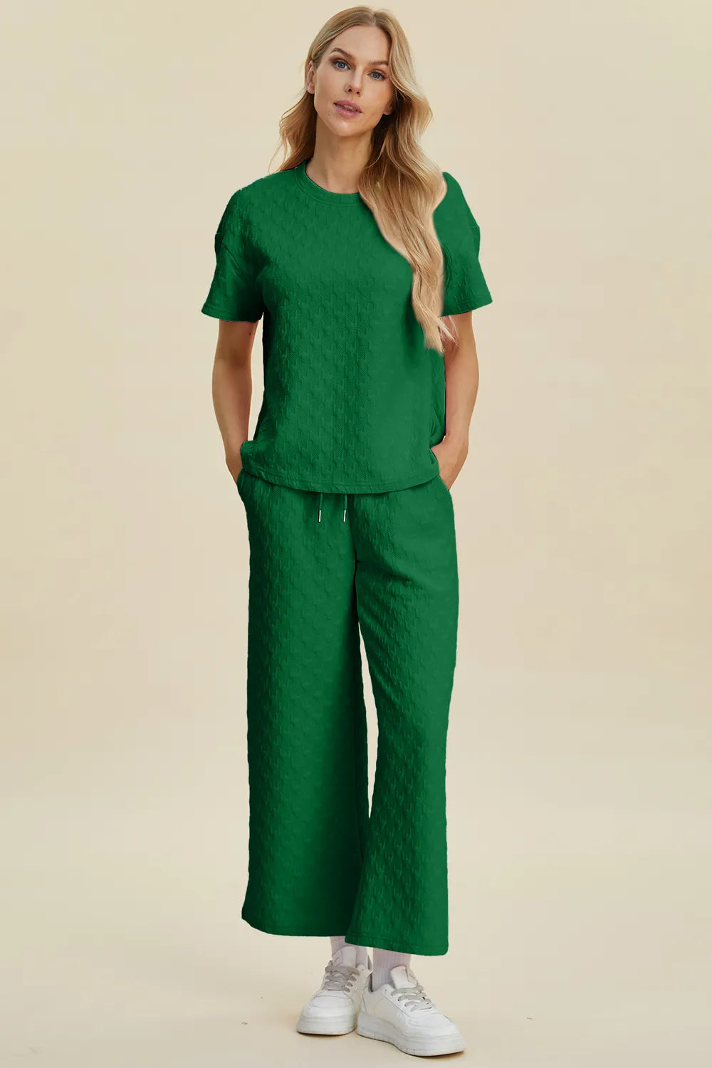 Double Take Full Size Texture Round Neck Short Sleeve Top and Pants Set in Dark Green