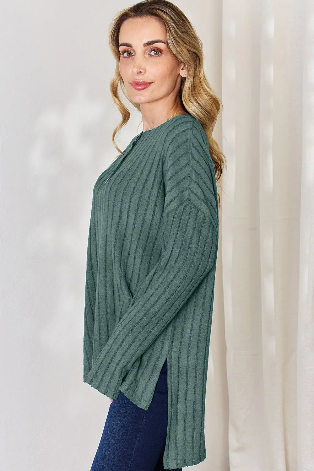 Basic Bae Full Size Ribbed Half Button Long Sleeve High-Low T-Shirt - Lilixa.store