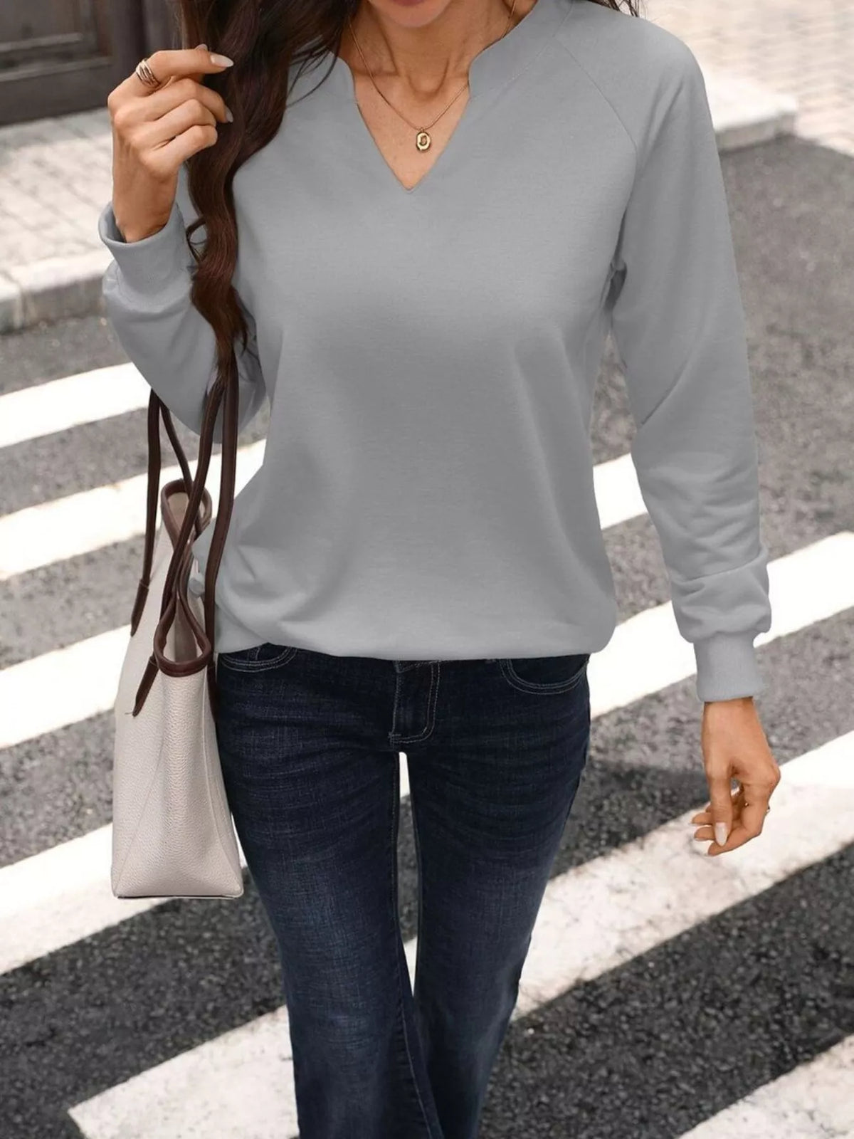 Notched Raglan Sleeve Sweatshirt - Lilixa.store