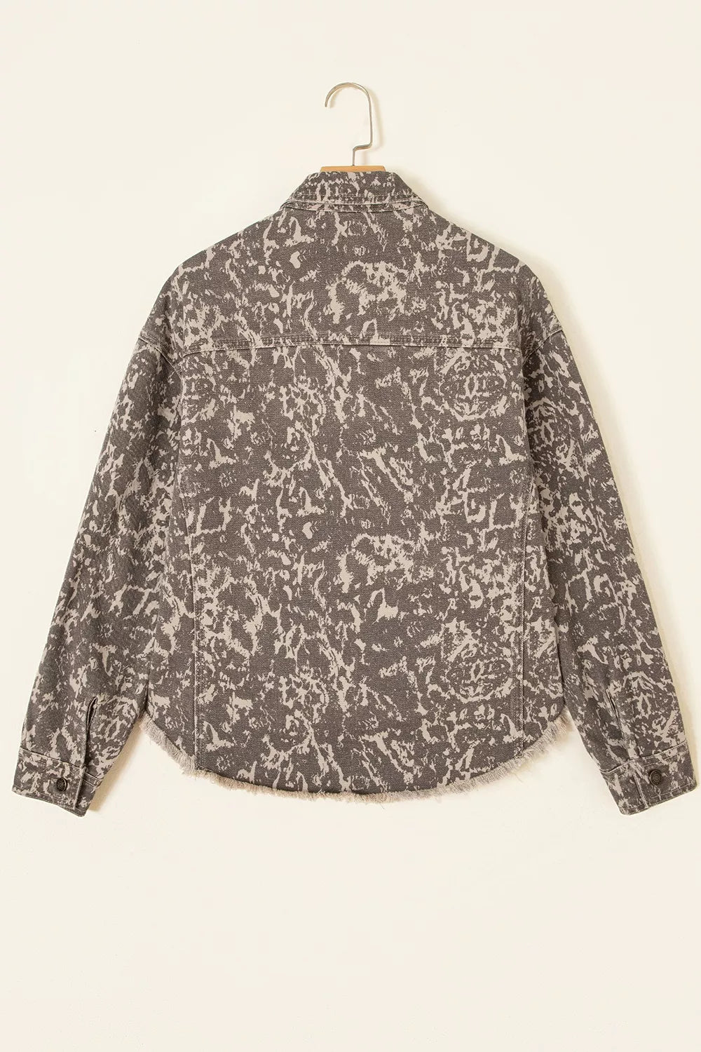 Abstract Print Long Sleeve Collar Raw Hem Denim Jacket in Mocha, view 6