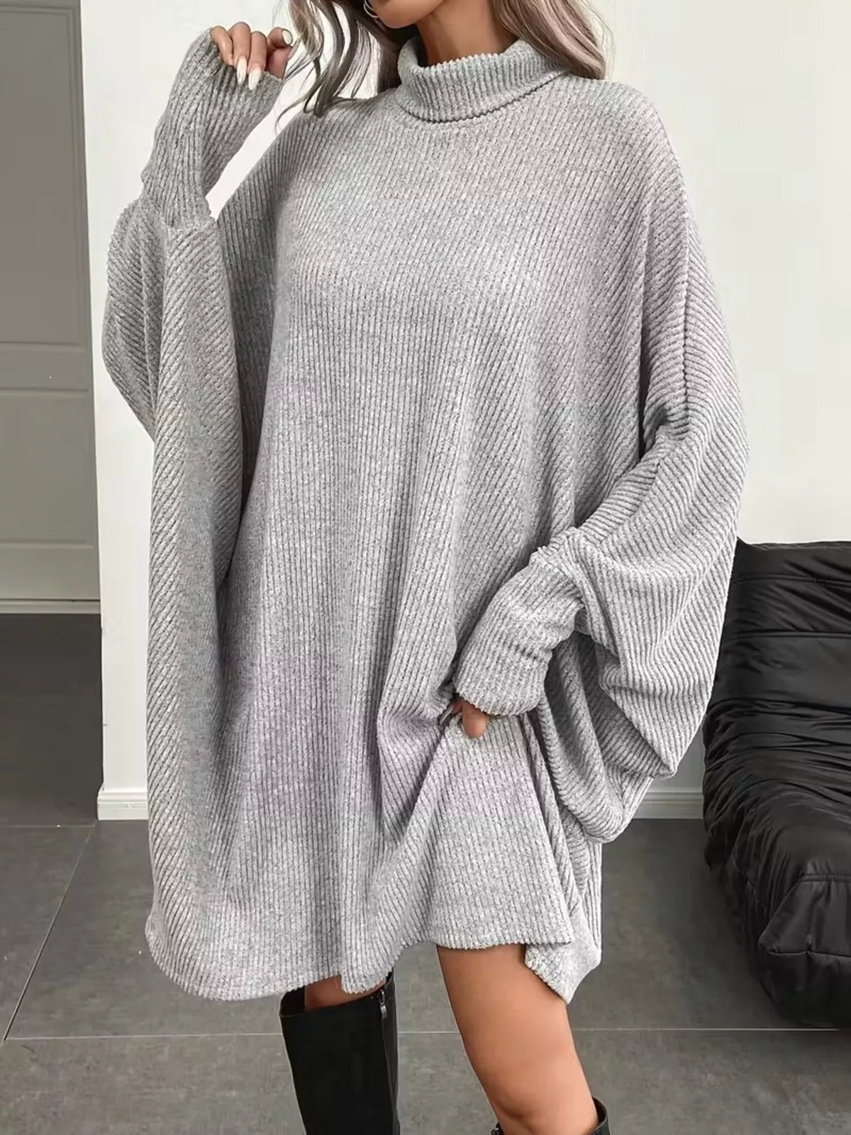Oversized Batwing Sleeve Ribbed Knit Turtleneck Dress - Lilixa.store