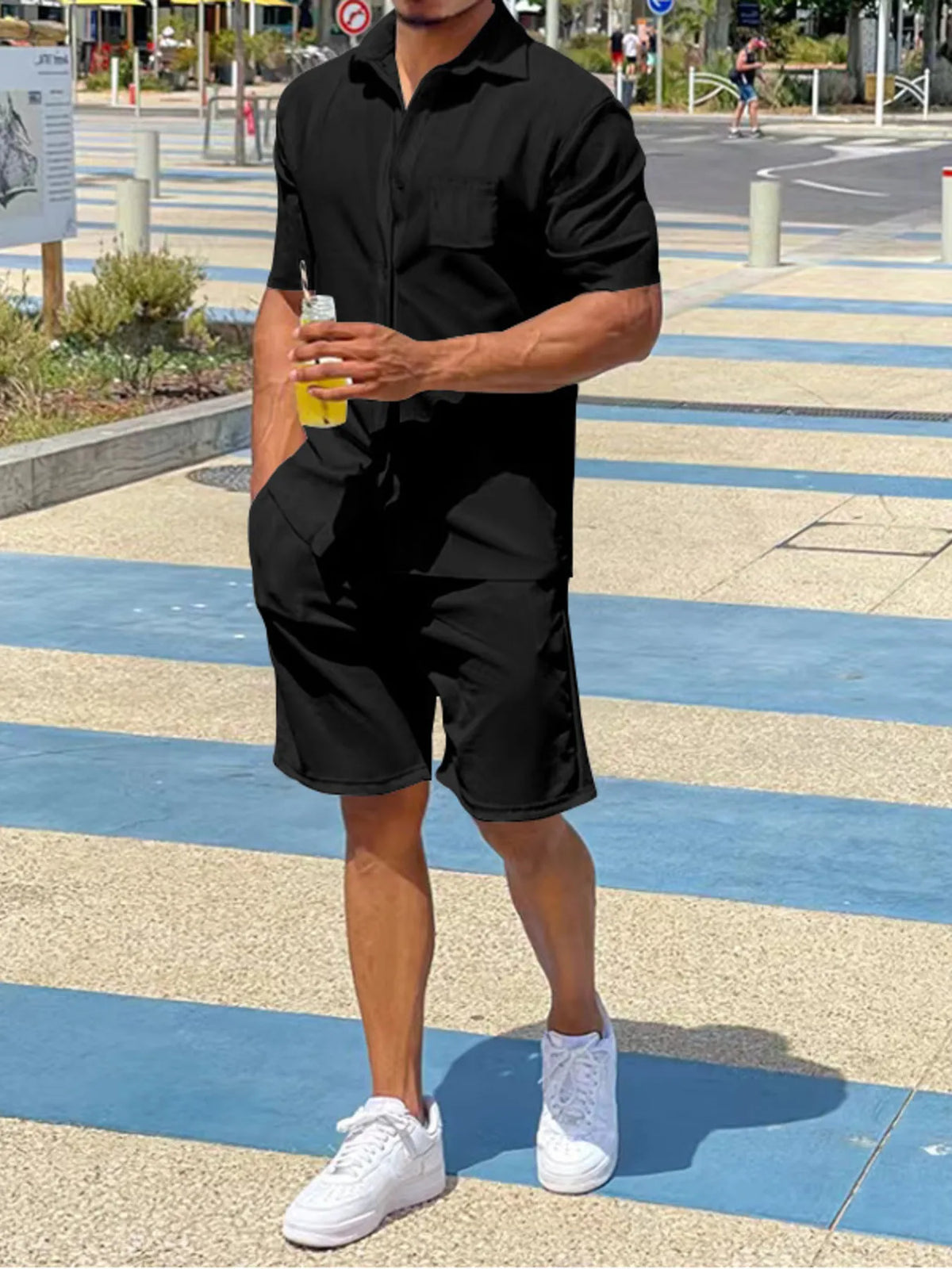 Men's Plus Size Button Up Shirt and Shorts Set in Black