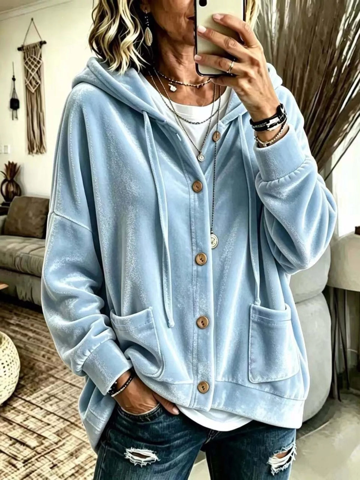 Full Size Casual Button-Down Hooded Outerwear Plus Size in Light Blue