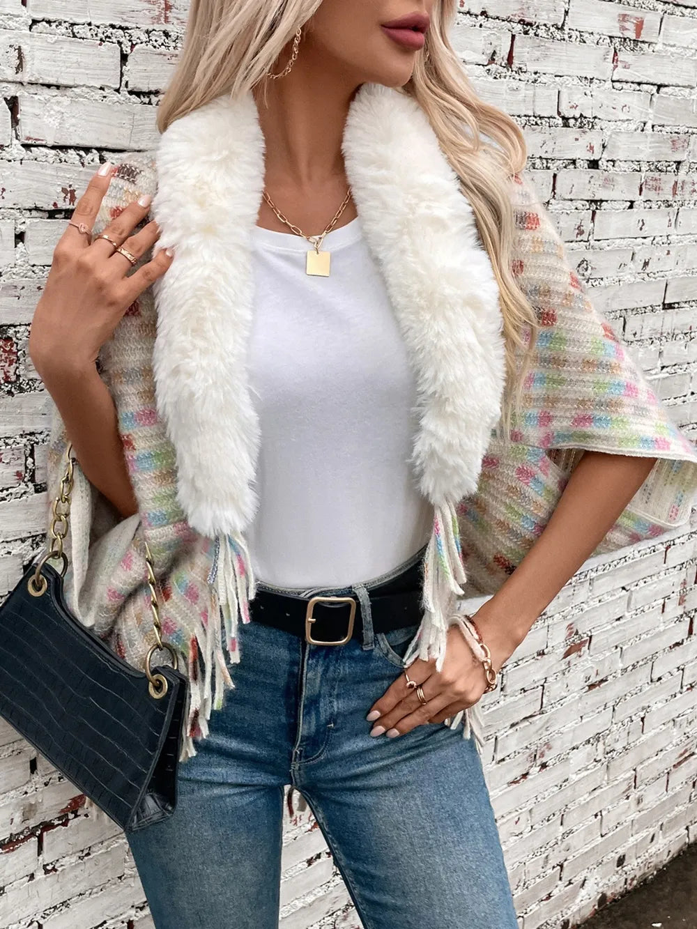 Fringe Fuzzy Open Front Poncho - Lilixa.store