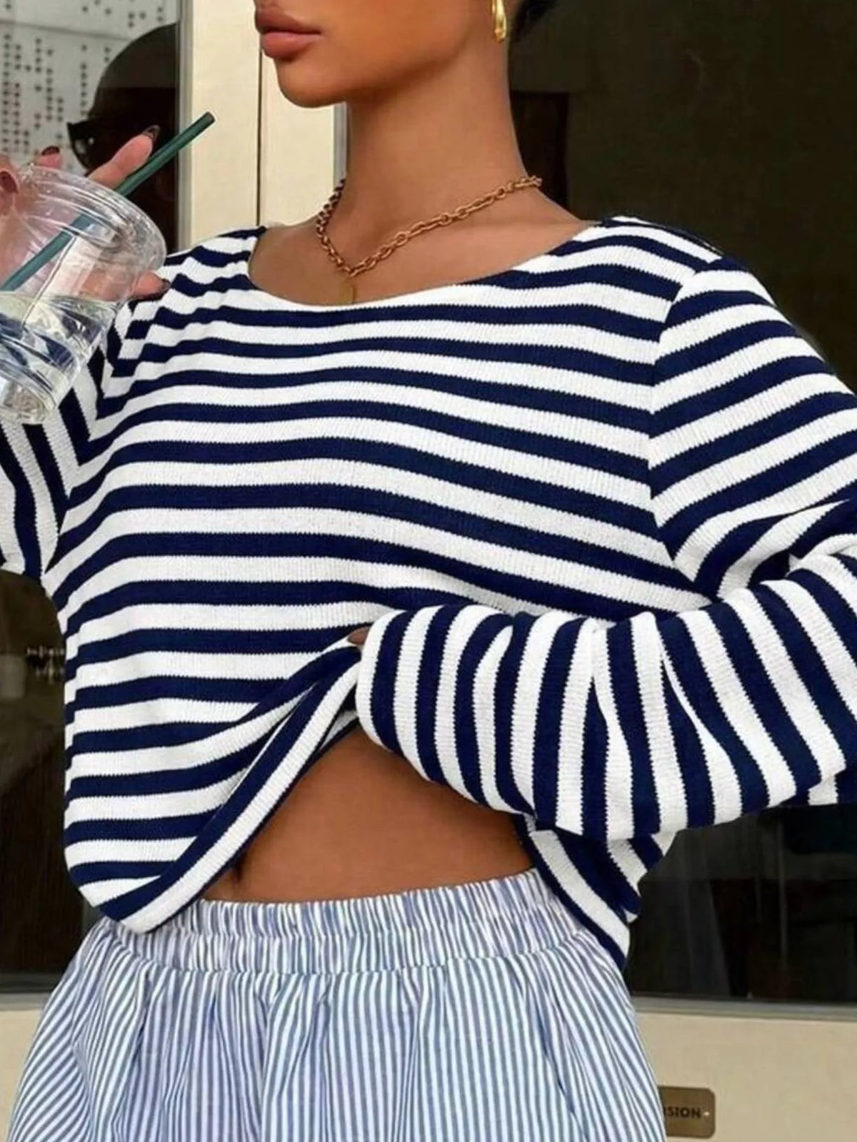 Boat Neck Striped Long Sleeve T-Shirt