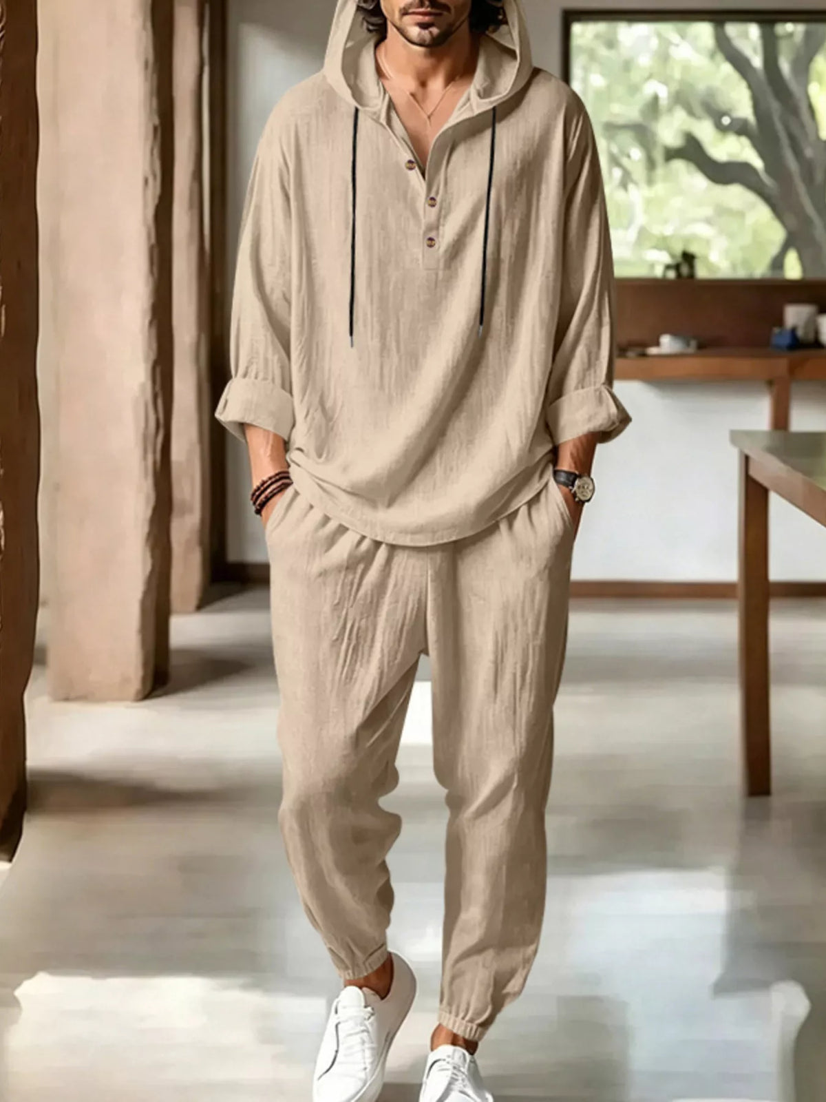 Men's Full Size Casual Button Detail Hooded Top and Pants Set Plus Size - Lilixa.store