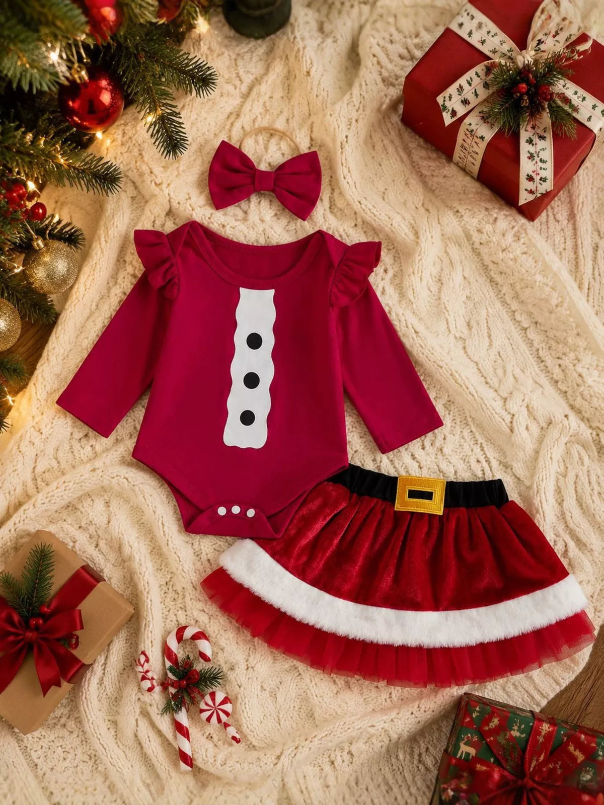 Children's Christmas Long Sleeve Bodysuit and Skirt Set with Bow Headband - Lilixa.store