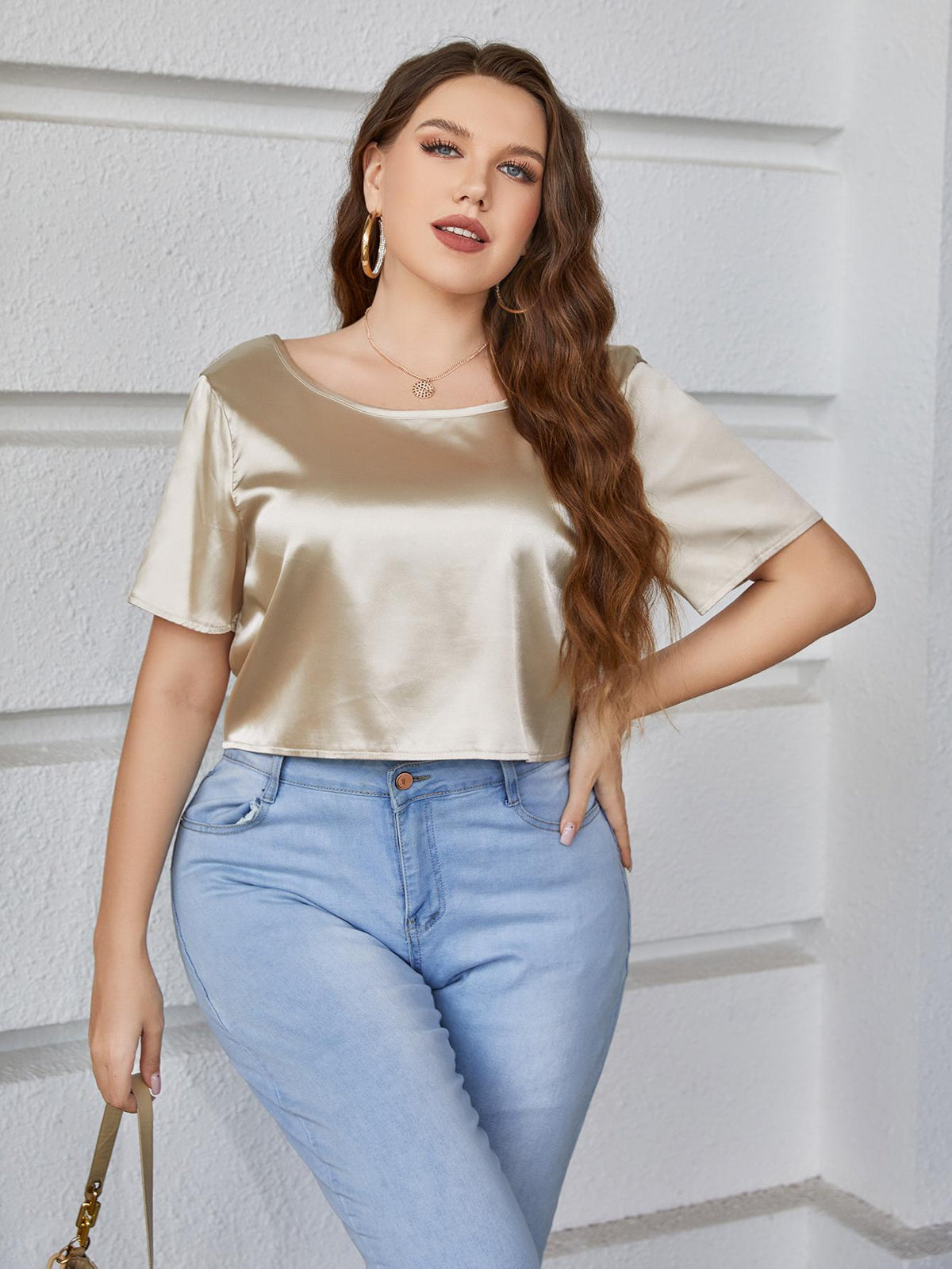 Plus Size Short Sleeve Tie Back Blouse in Gold, view 4