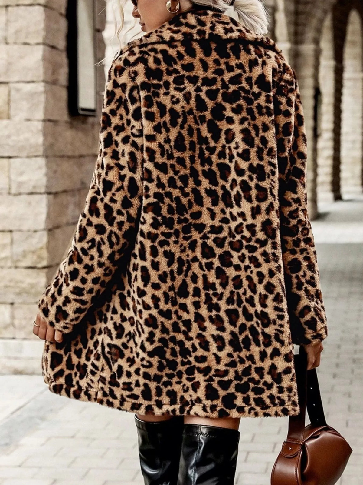 Leopard Print Faux Fur Longline Coat in Gold, view 4