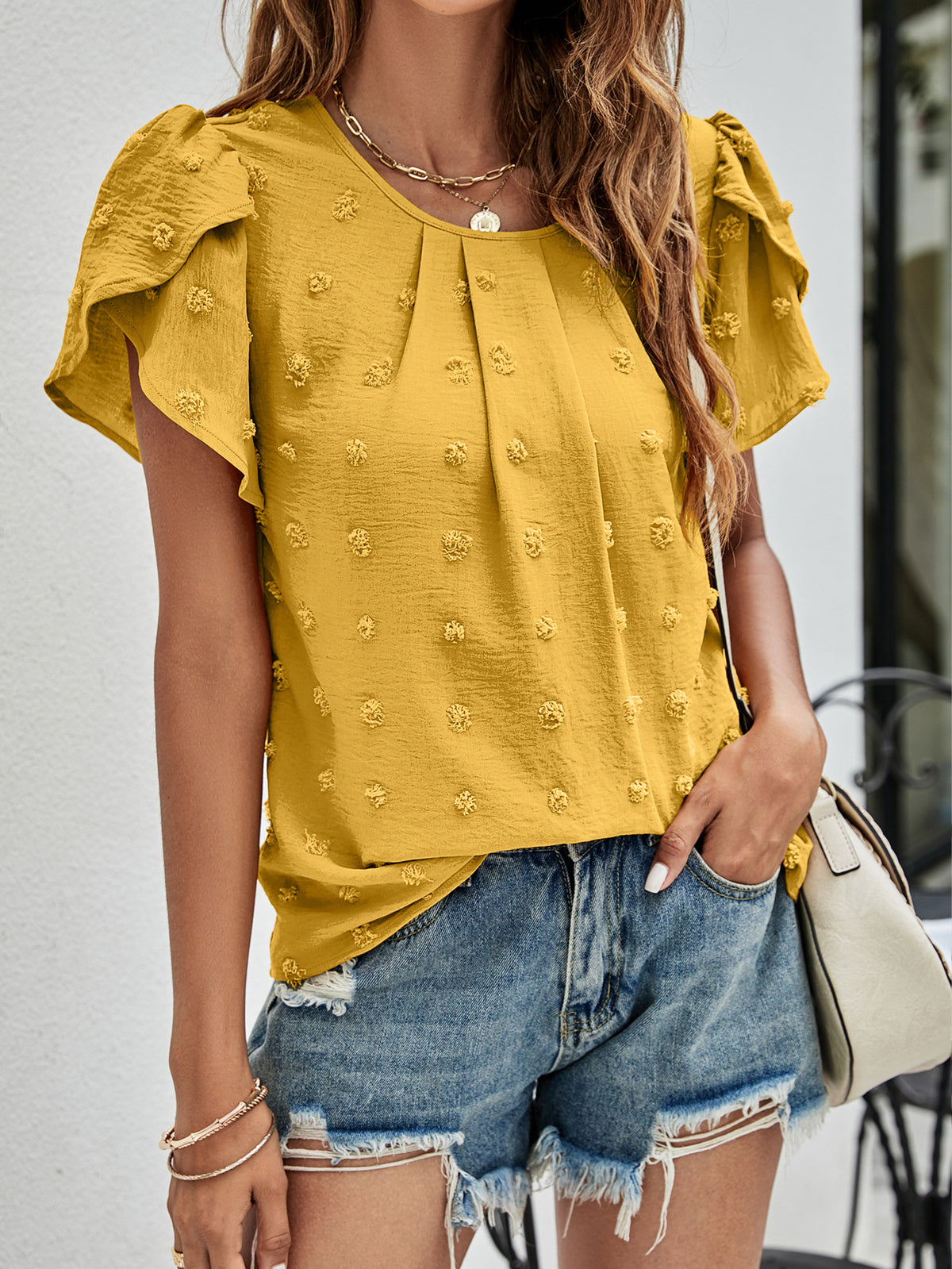 Swiss Dot Round Neck Petal Sleeve Top, view 9
