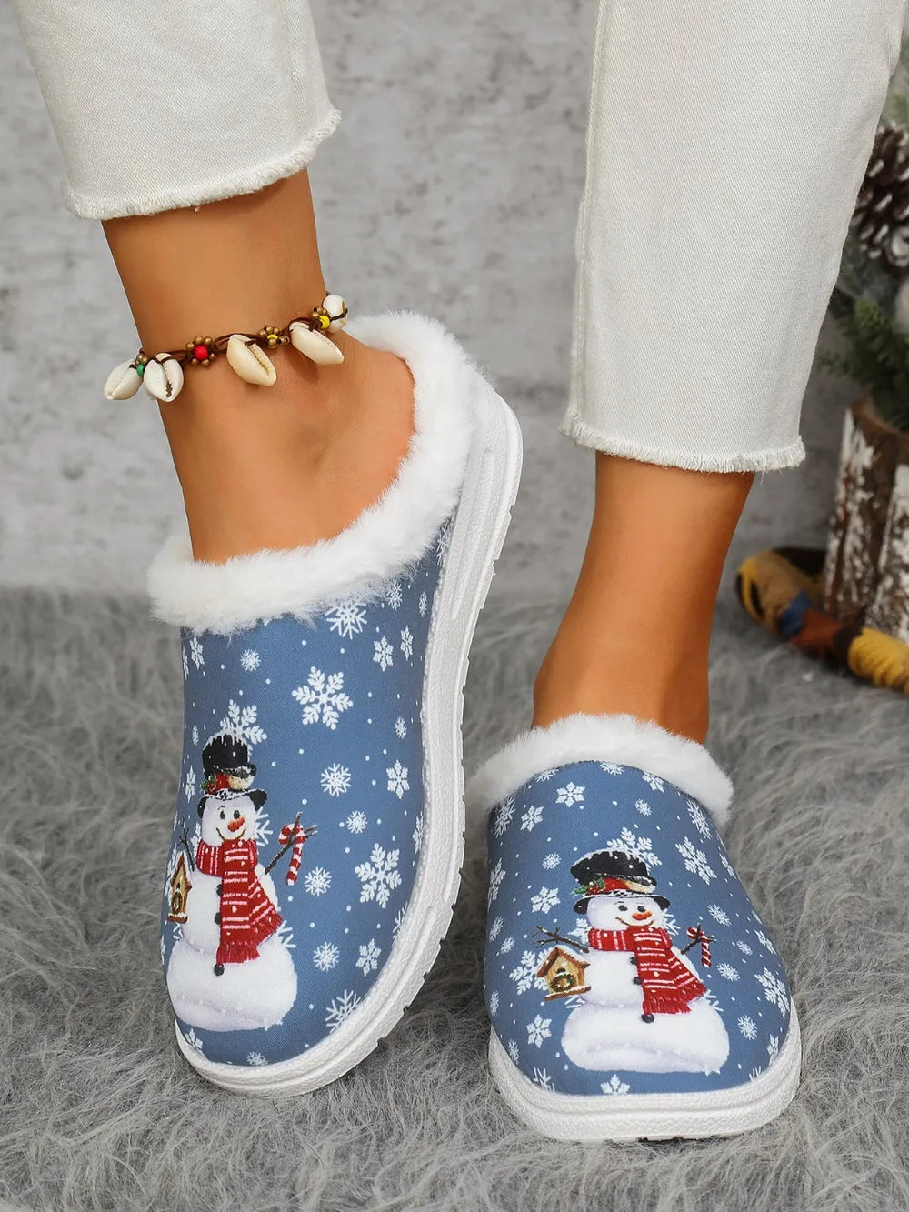 Snowman Print Flat Slippers with Faux Fur - Lilixa.store
