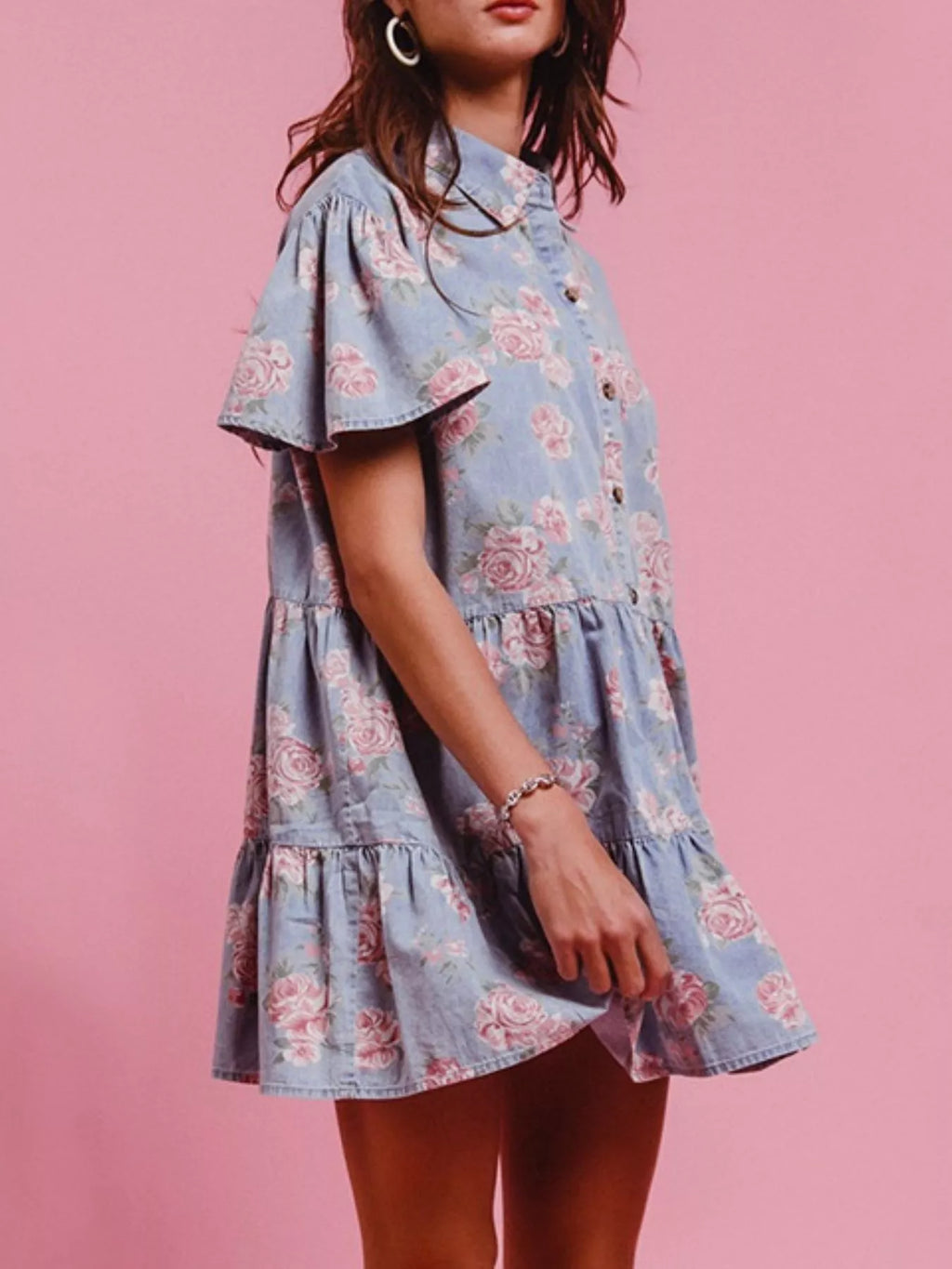 Floral Print Denim Button-Down Tiered Mini Dress - Lilixa.store