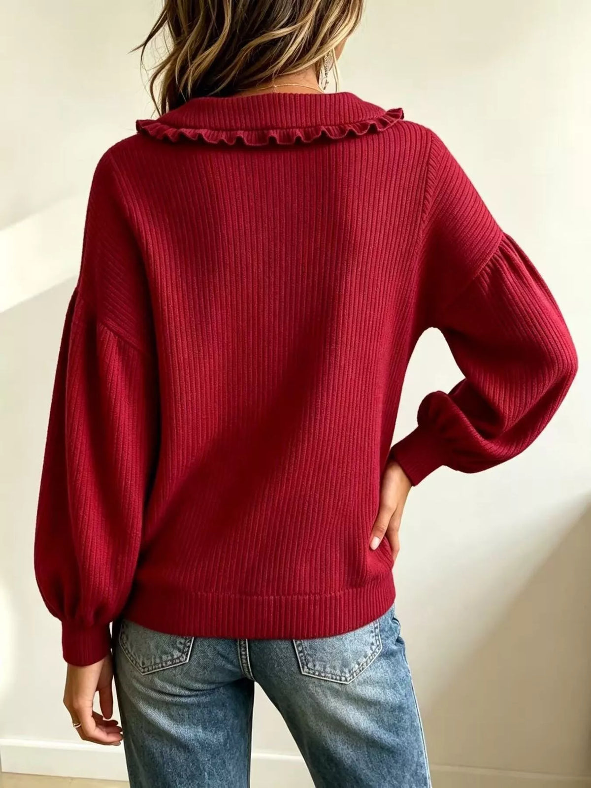 Full Size Ruffle Collar Button Detail Sweater Plus Size