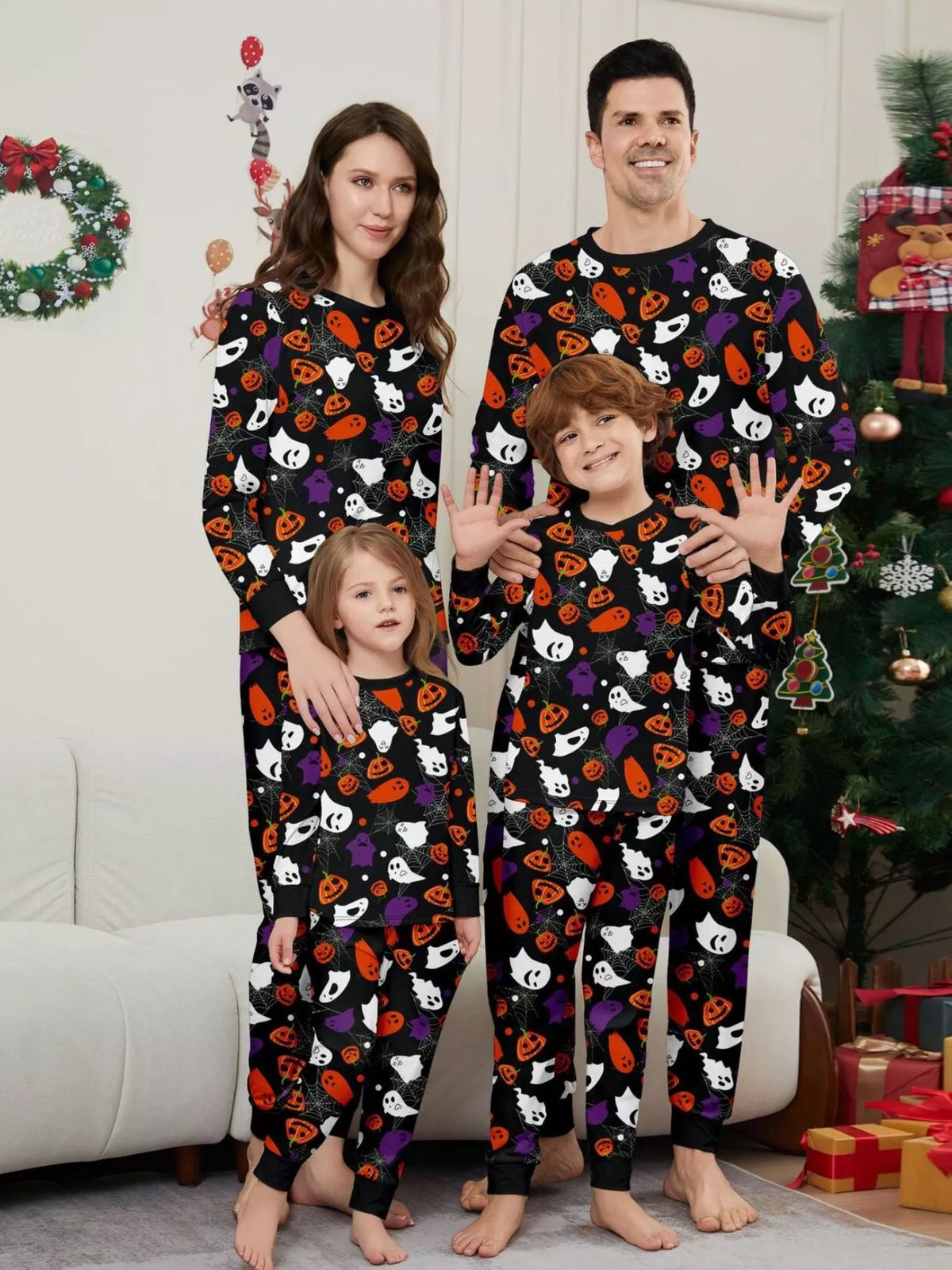 Full Size Halloween Themed Family Matching Pajama Set with Ghost and Pumpkin Print Plus Size - Lilixa.store