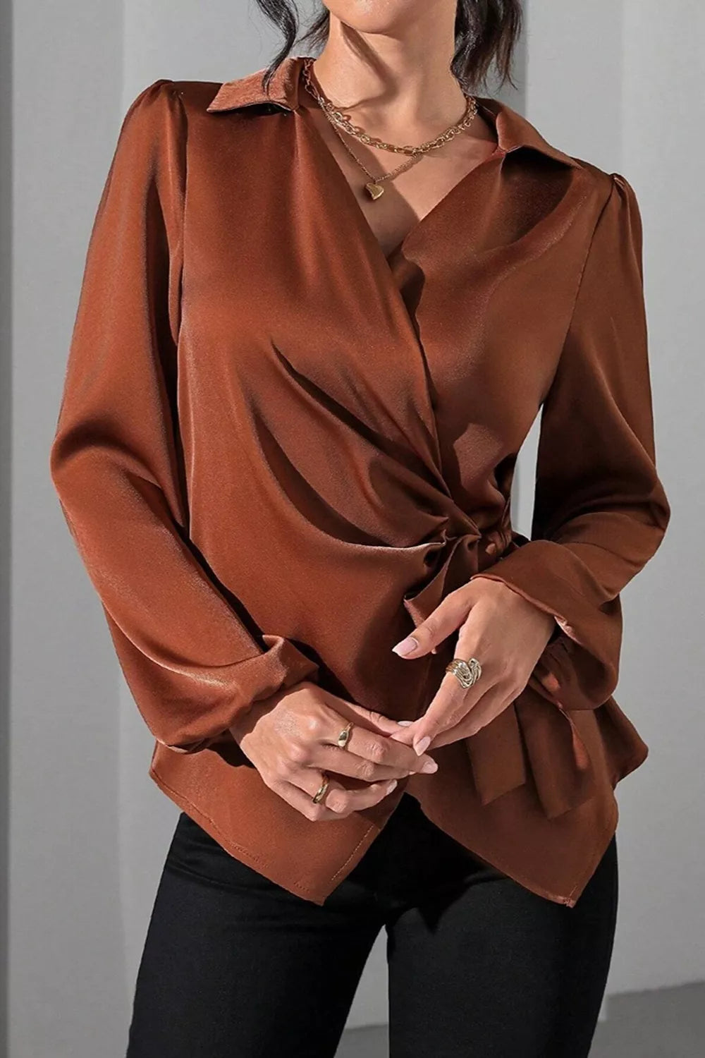 Satin Tied Detail Long Sleeve Blouse, view 3