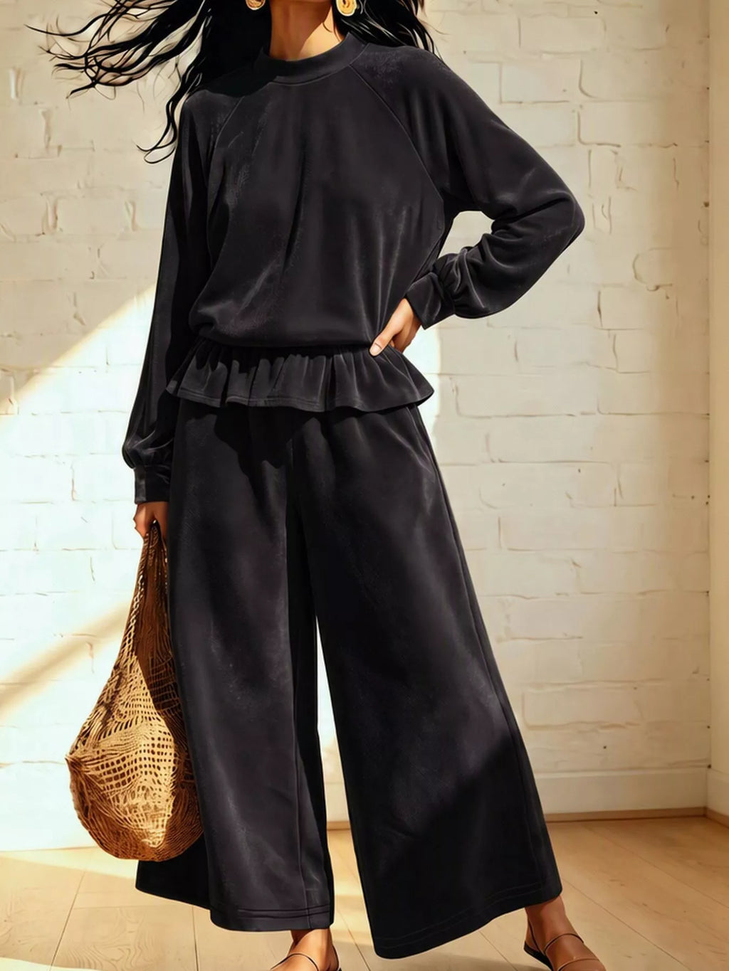 Velvet Peplum Top and Wide-Leg Pants Set - Lilixa.store