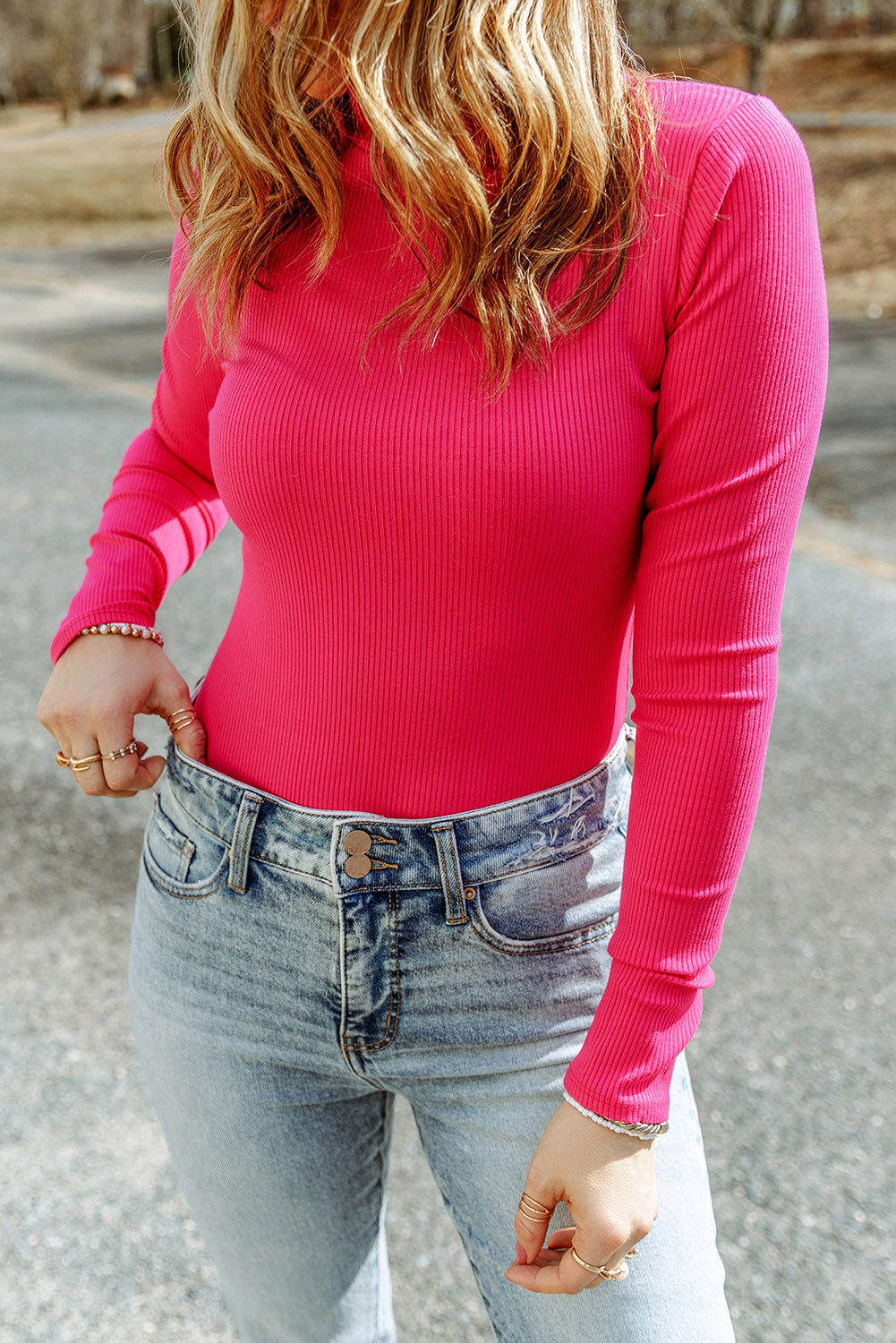 High Neck Long Sleeve Ribbed Top, view 4