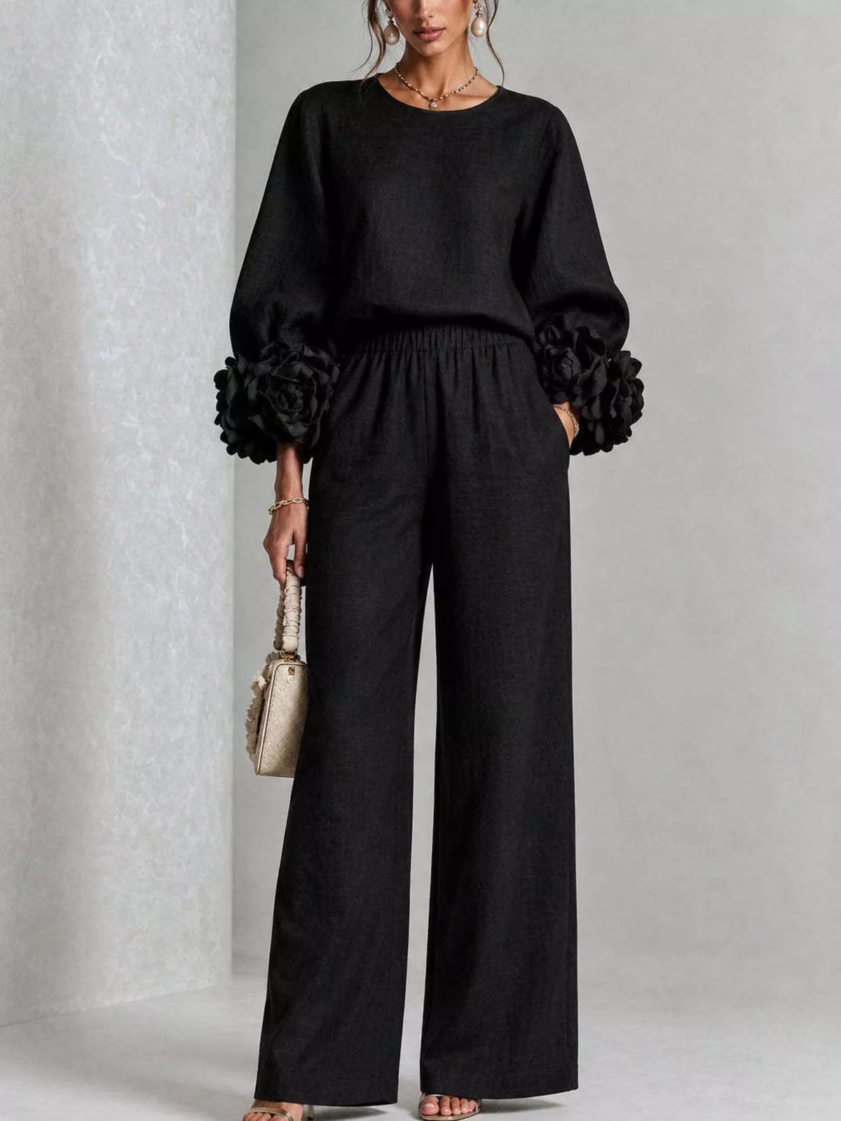 Full Size Floral Cuffs Top and Wide Leg Pants Set Plus Size