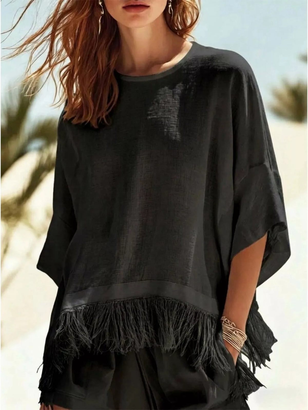 Fringed 3/4 Sleeve Blouse in Black