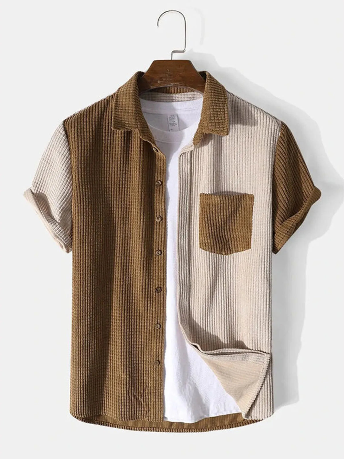 Men's Full Size Contrast Shots Sleeve Shirt and Shorts Set Plus Size in Brown, view 2