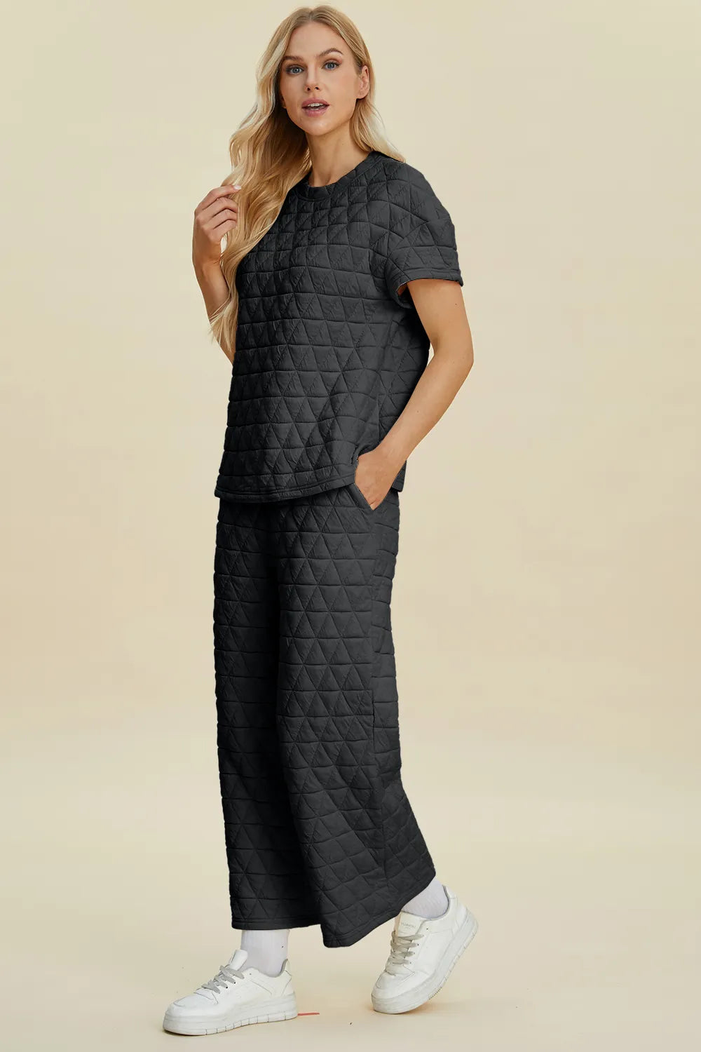Double Take Full Size Texture Round Neck Short Sleeve Top and Pants Set - Lilixa.store