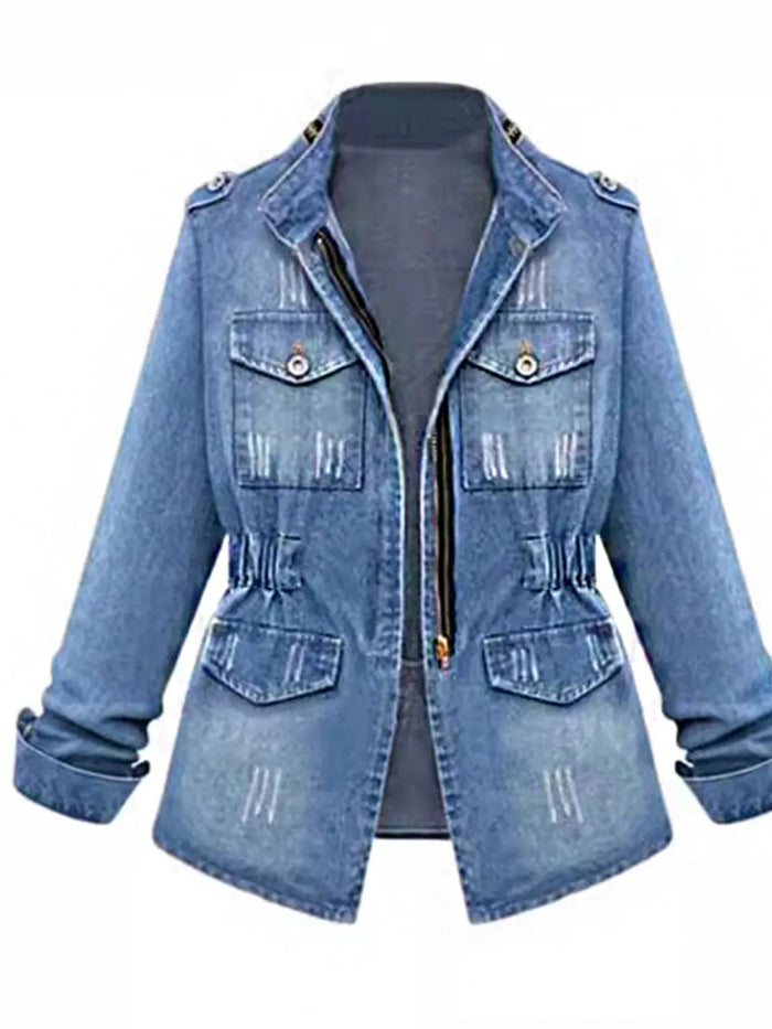 Full Size Chest Pocket Zip Up Denim Jacket Plus Size in Blue