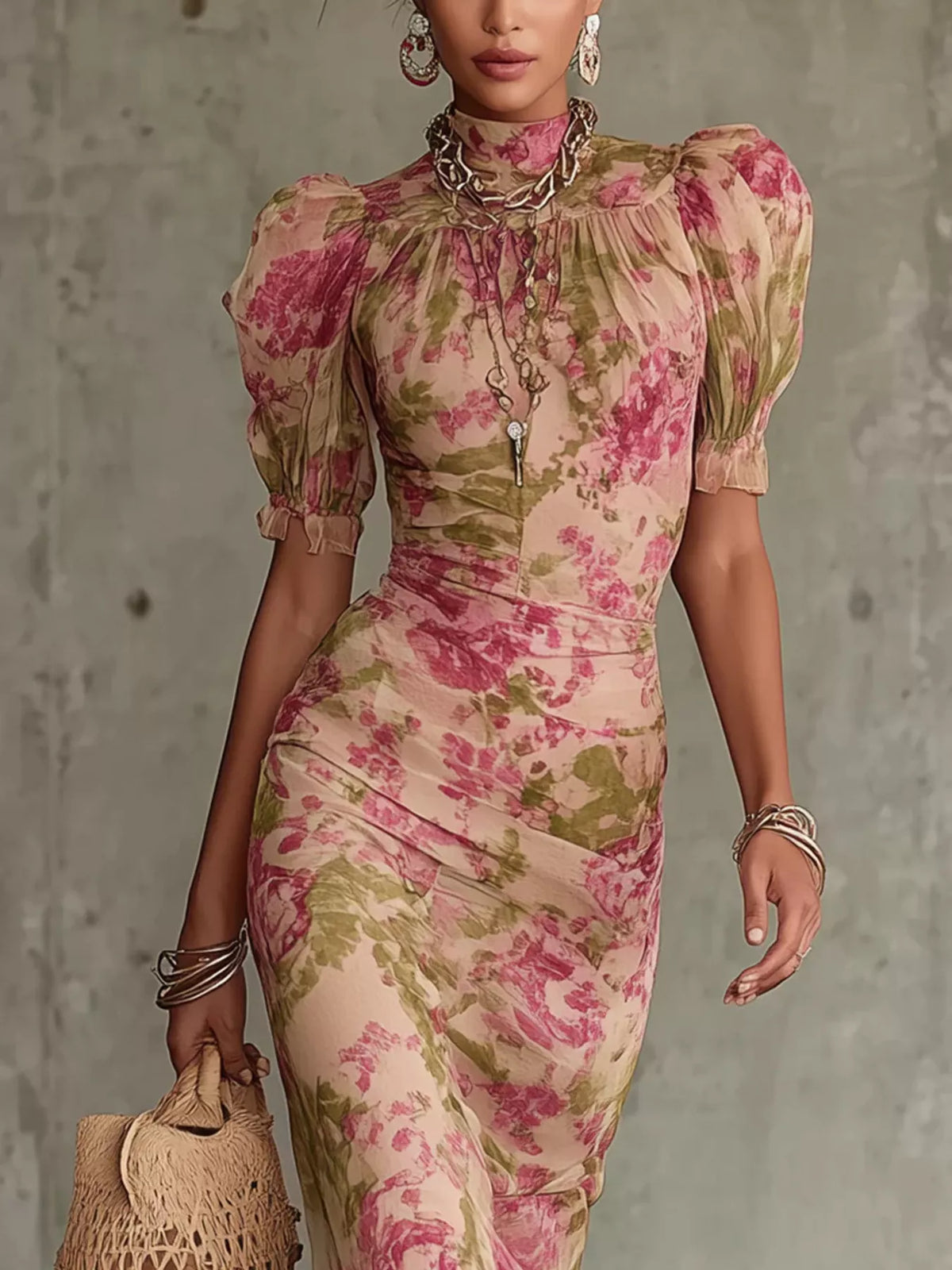 Floral Print High-Neck Puff Sleeve Ruffle Hem Maxi Dress