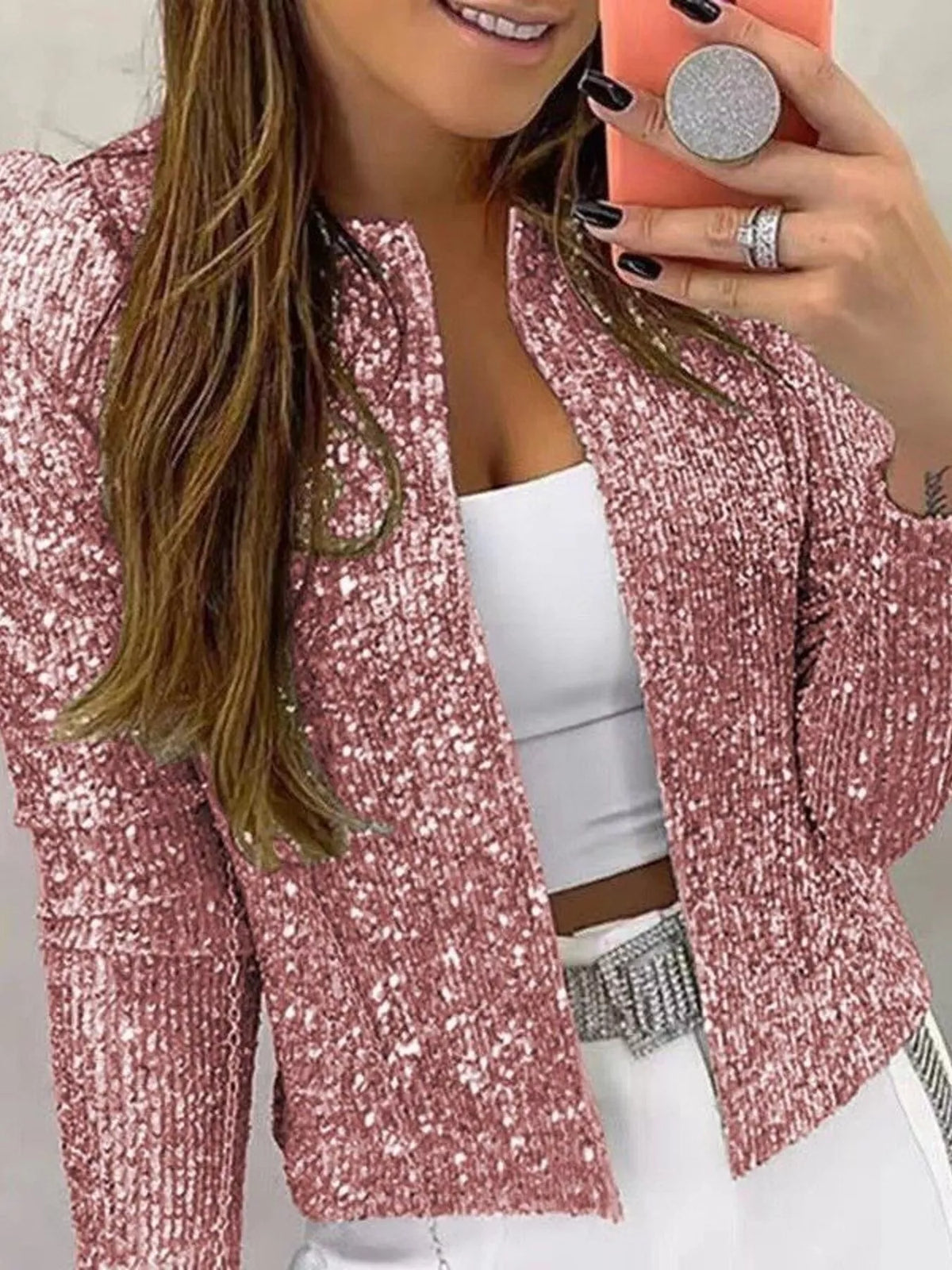 Full Size Sequin Long Sleeve Jacket Plus Size in Pink
