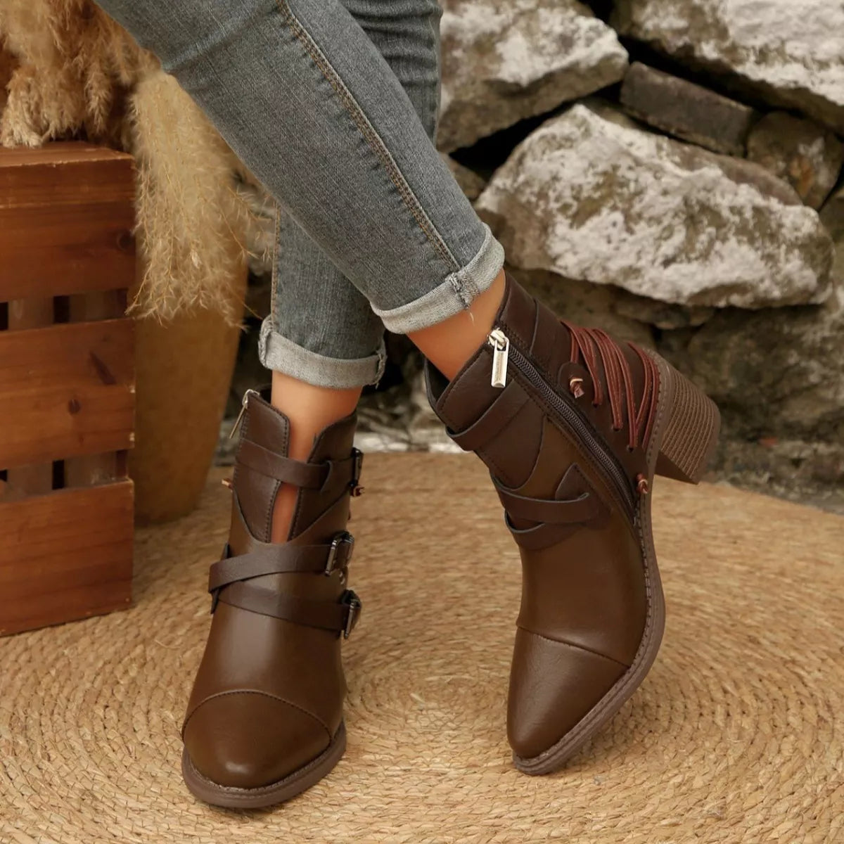 Point Toe Buckle Strap Ankle Boots with Block Heels - Lilixa.store