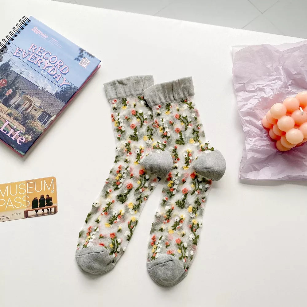 Floral Sheer Crew Socks 5 Pair Set
