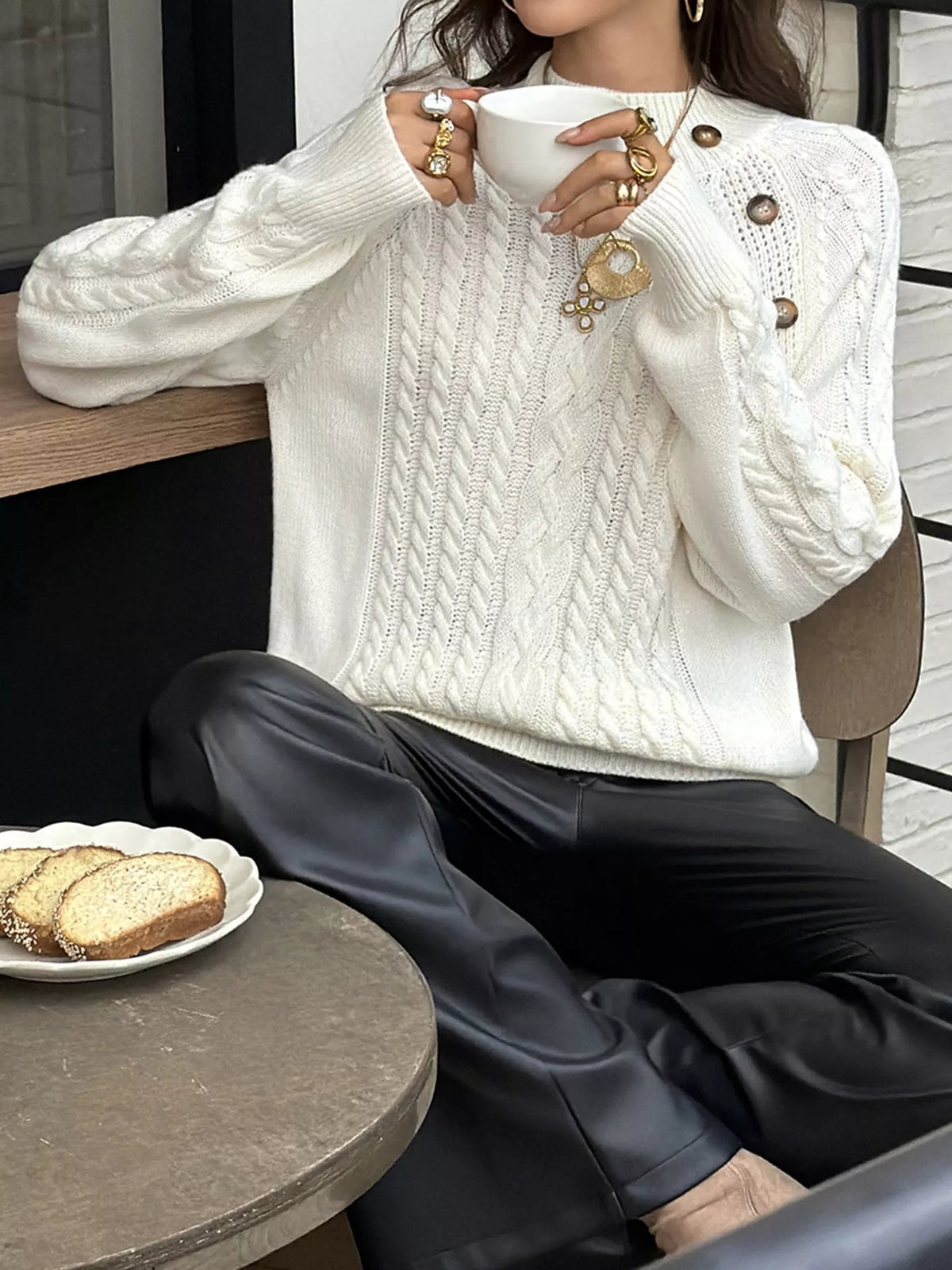 Mock Neck Cable-Knit Sweater - Lilixa.store