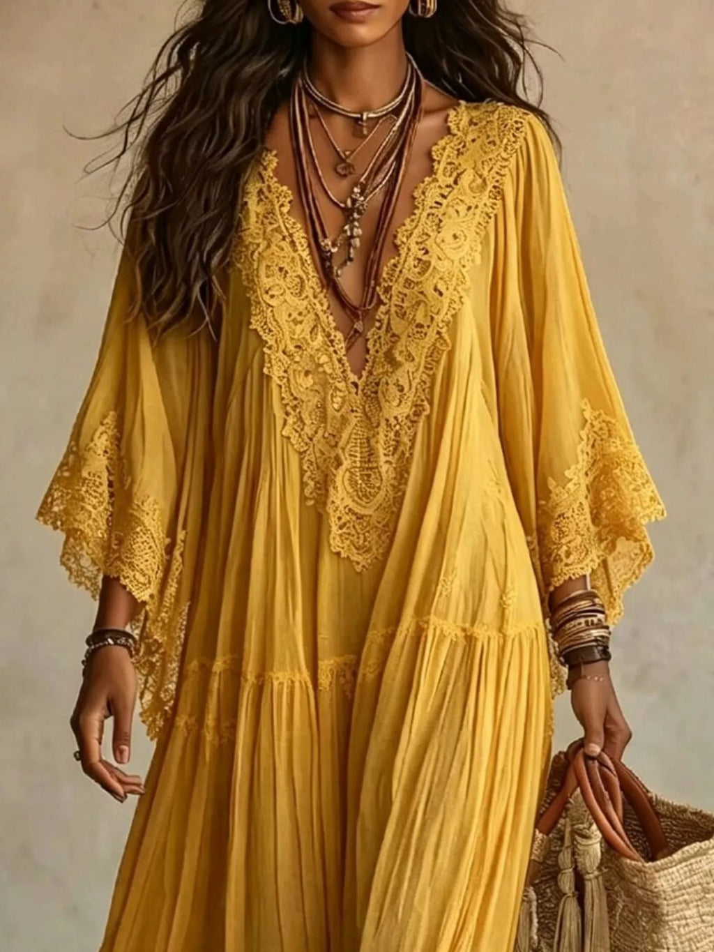 Lace Trim V-Neck Maxi Dress - Lilixa.store