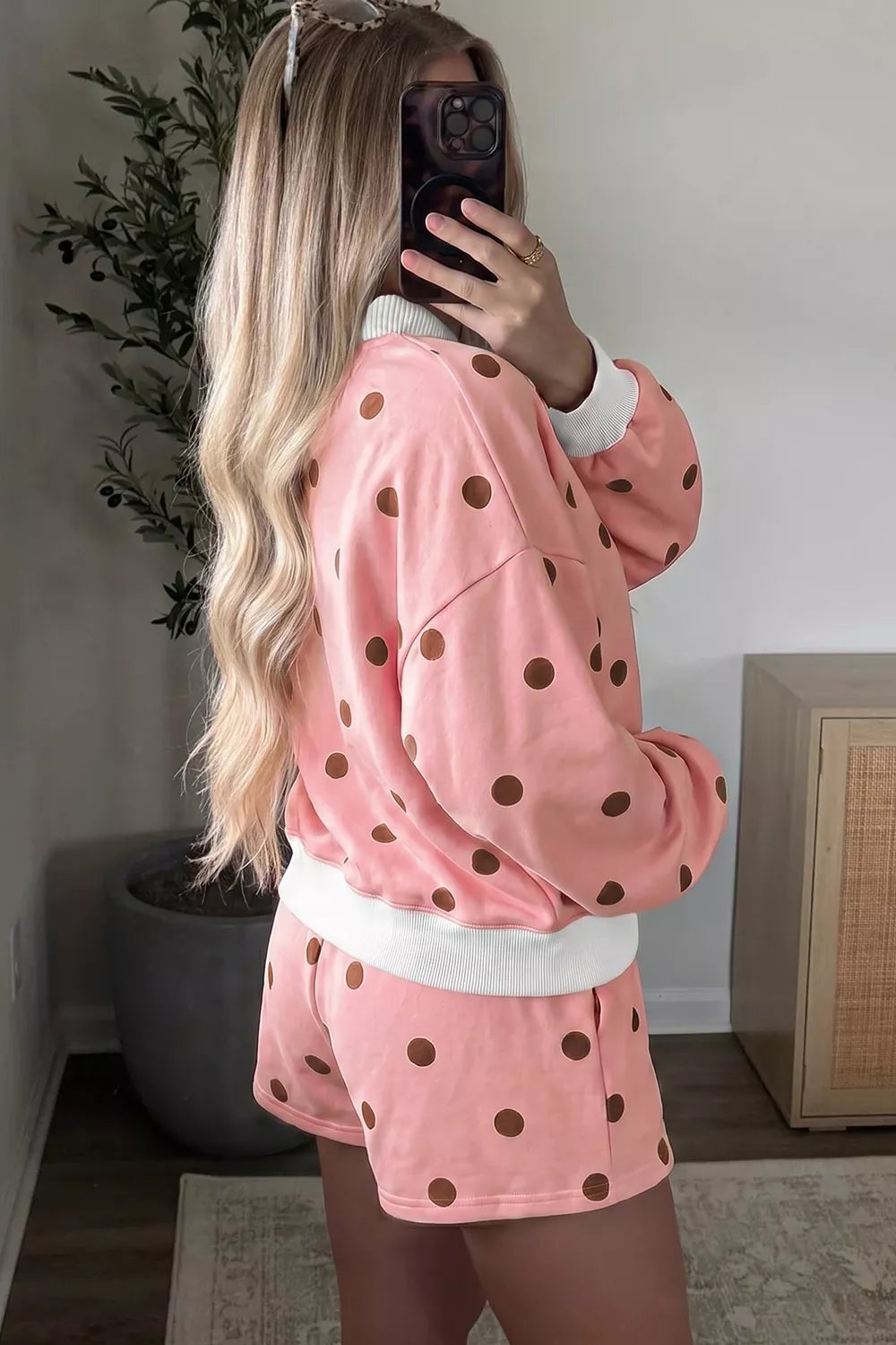 Polka Dot Long Sleeve Sweatshirt and Shorts Lounge Set - Lilixa.store