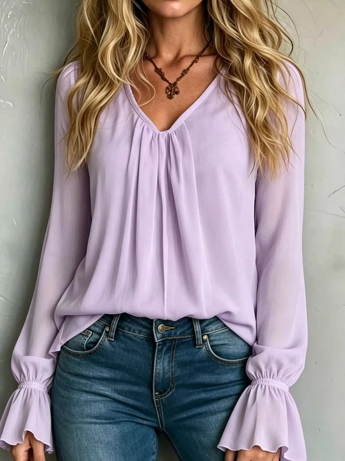 V-Neck Flounce Sleeve Blouse