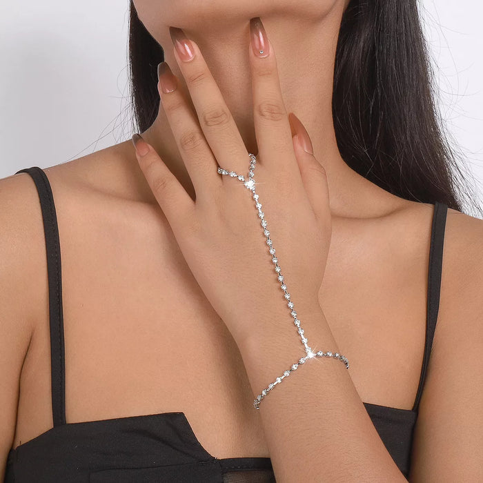 Alloy Rhinestone Bracelet with Ring in Silver