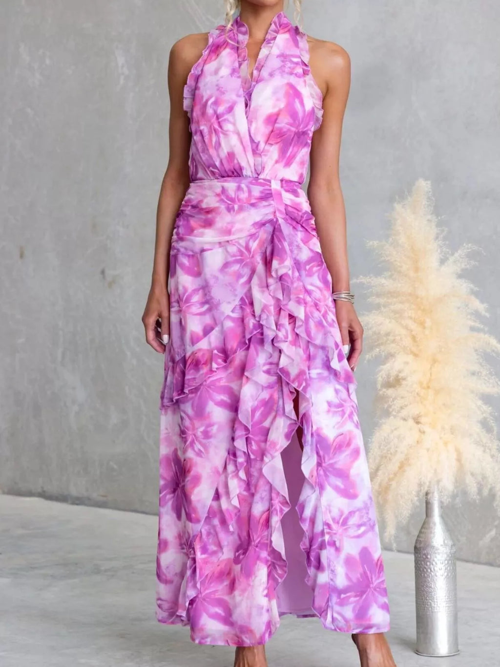 Floral Print Ruffle Halter Neck Maxi Dress - Lilixa.store