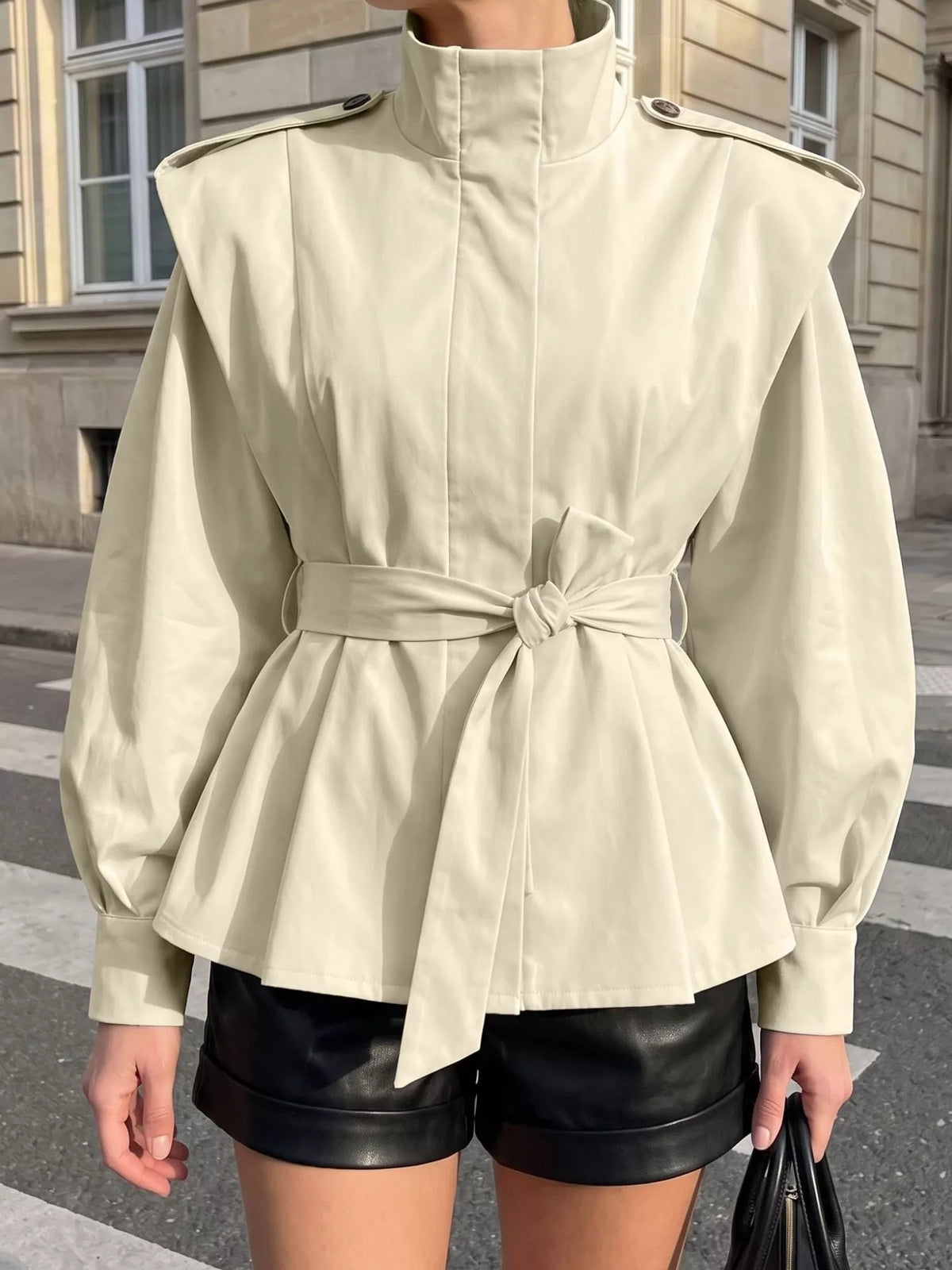 Stand-Collar Belted Outerwear - Lilixa.store
