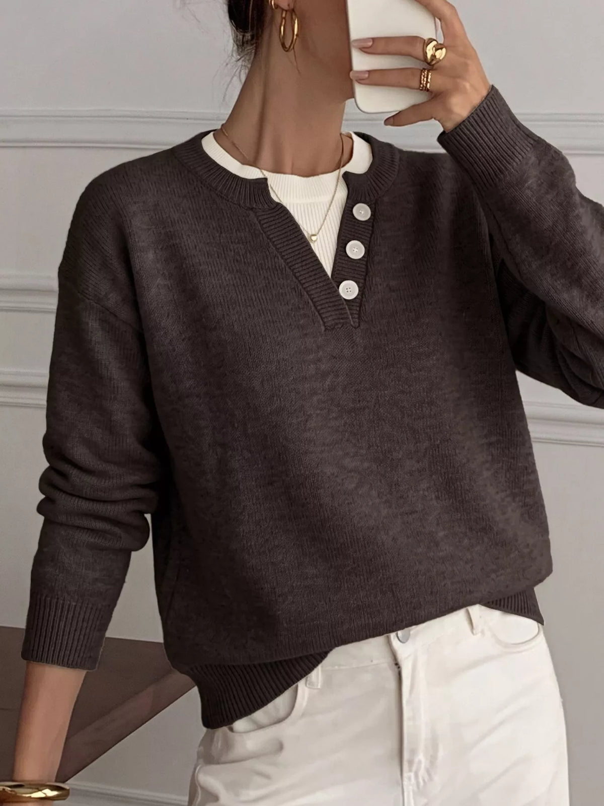 Decor Button-Placket Ribbed Knit Sweater