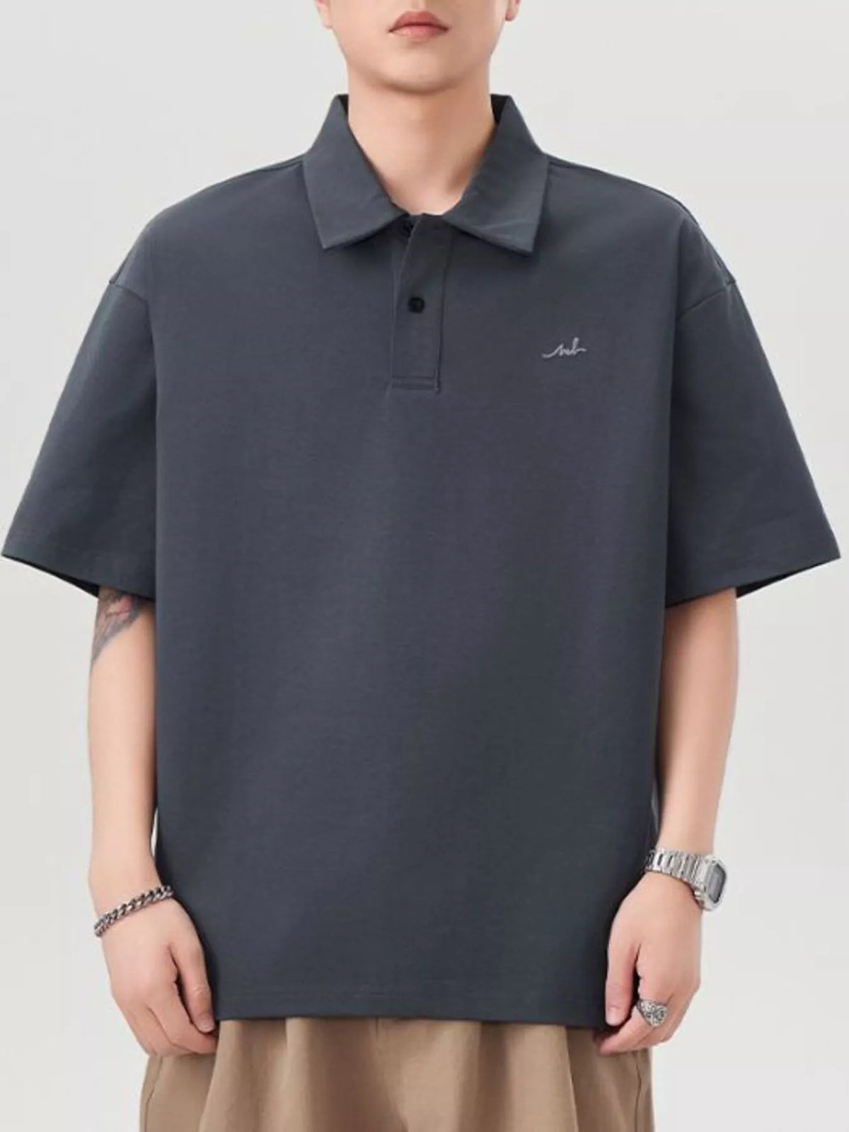 Men's Button Detail Short Sleeve Polo Plus Size in Dark Gray