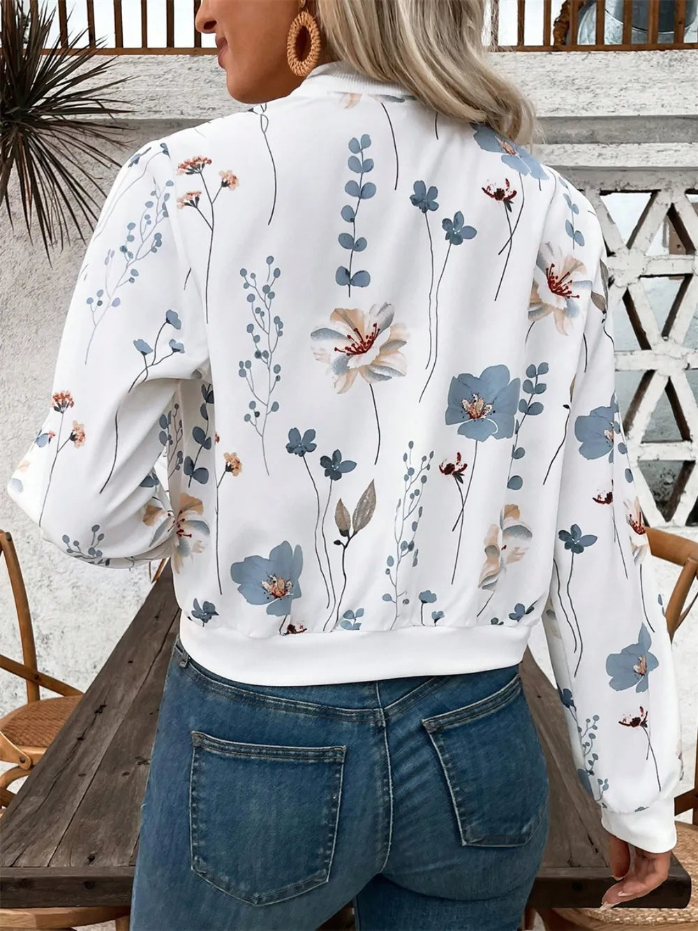 Printed Zip Up Long Sleeve Jacket in White, view 2