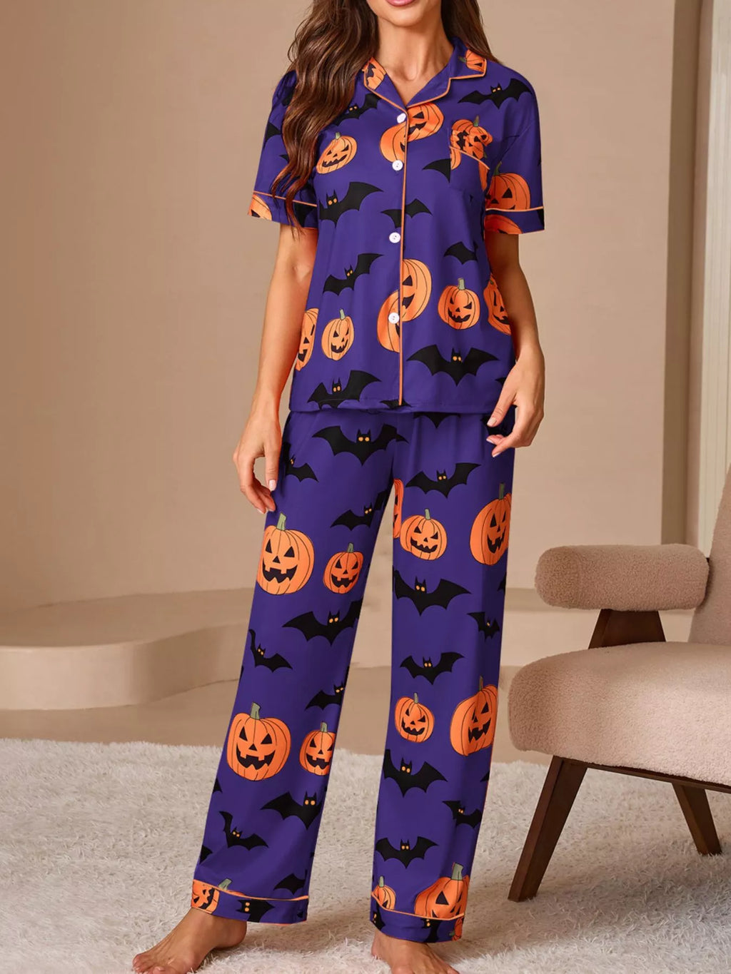Halloween Pumpkin and Bat Print Button-Down Top and Pants Lounge Set - Lilixa.store