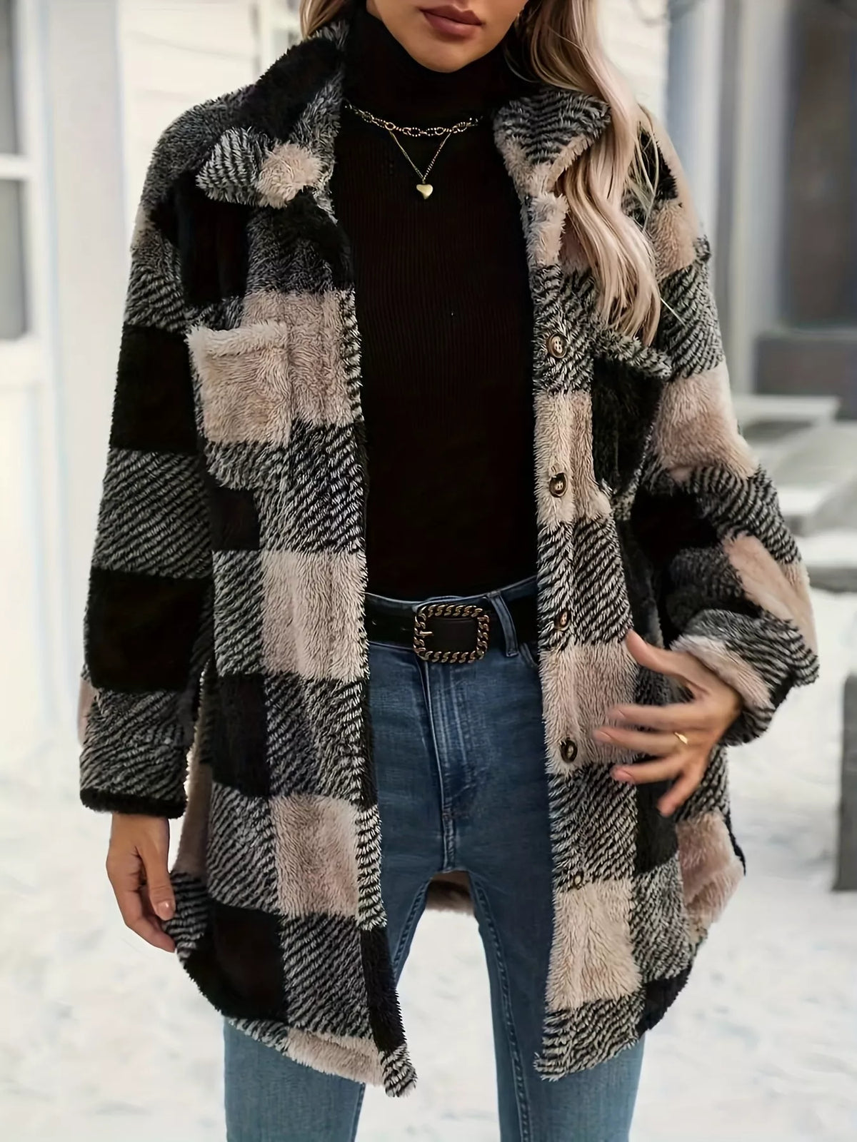 Plaid Fleece Button-Down Outerwear in Black, view 2
