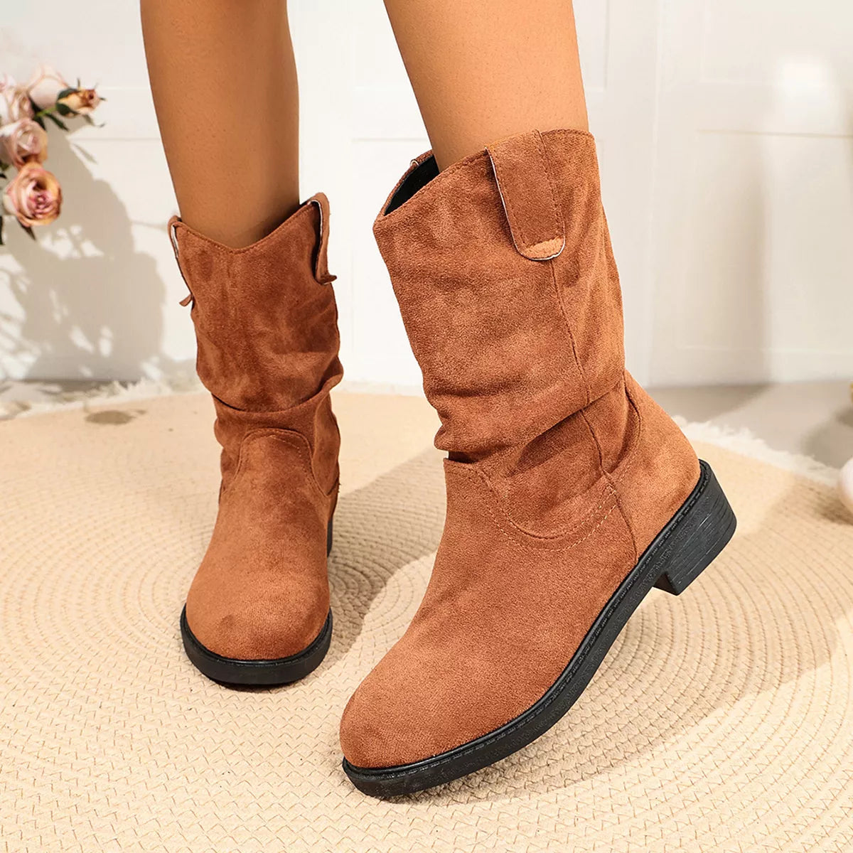 Round Toe Slouchy Boots in Brown