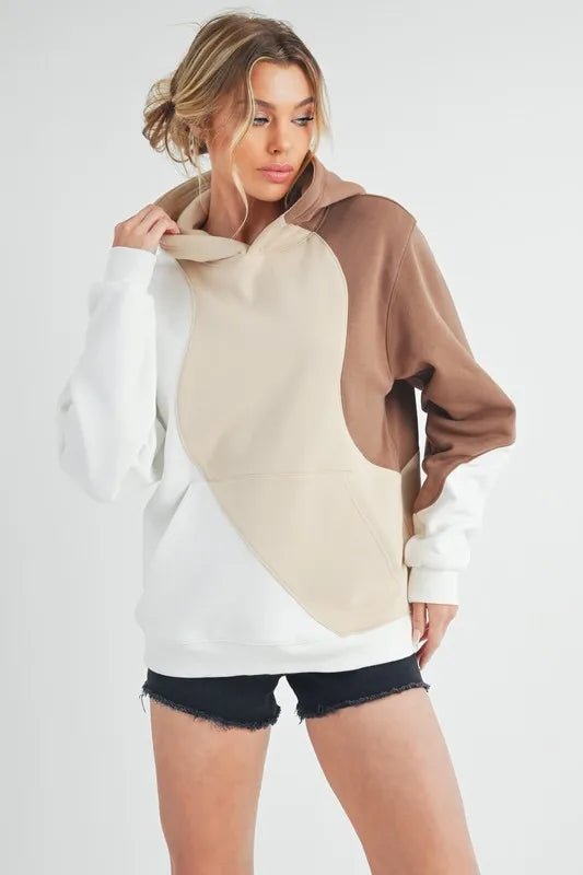 Aemi + Co Color Block Hoodie with Kangaroo Pocket in Sand