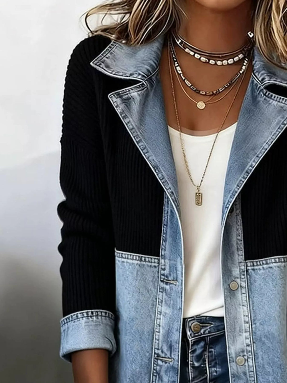 Color-Block Denim and Knit Patchwork Casual Jacket - Lilixa.store
