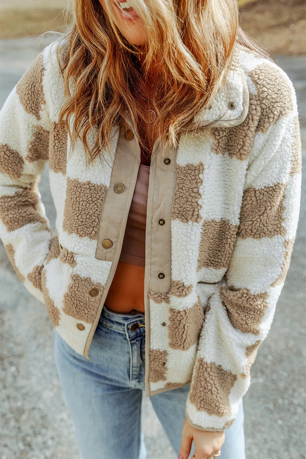 Checkered Snap Down Long Sleeve Jacket in Dust Storm, view 2