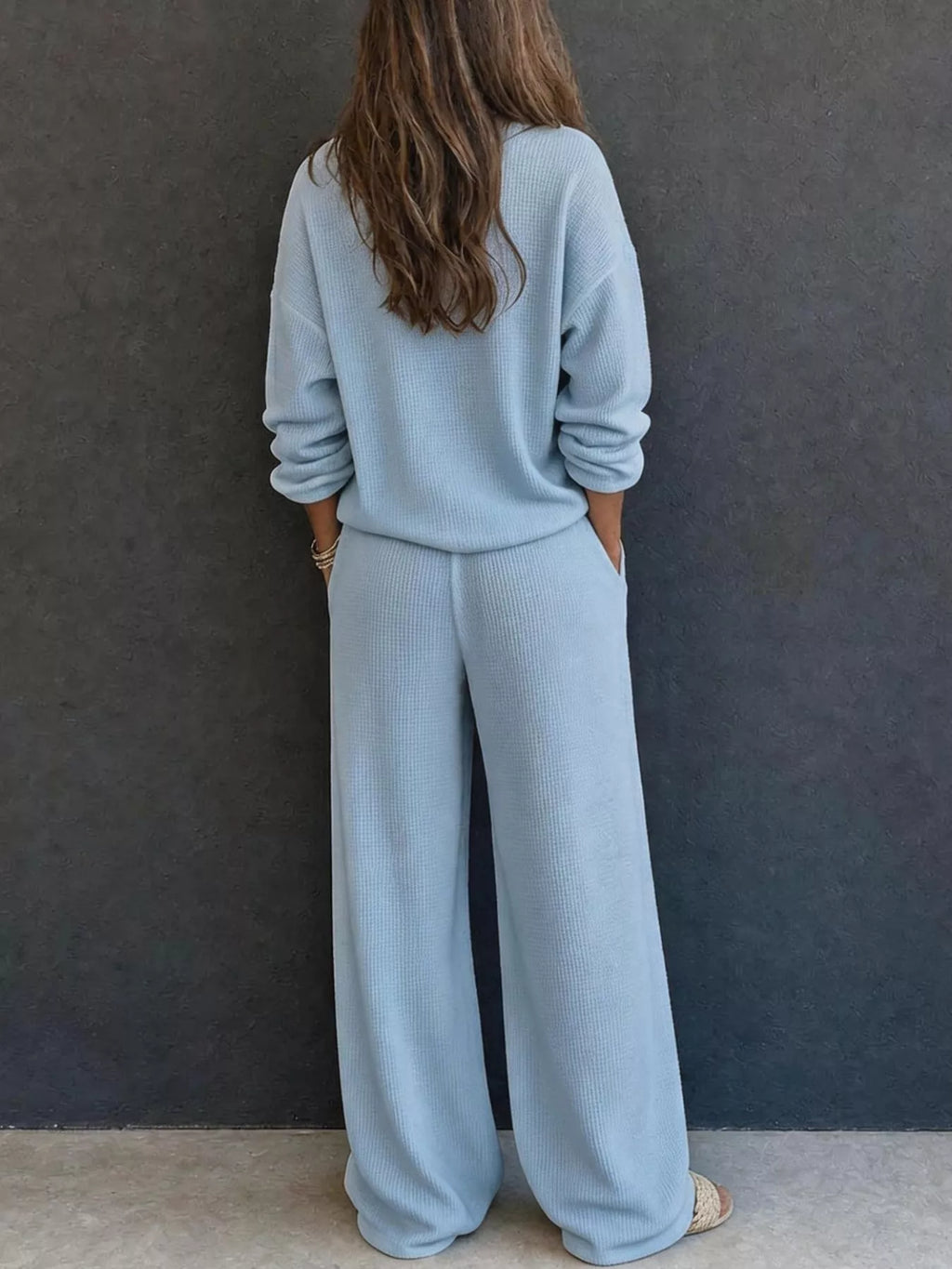 Waffle Knit Henley Top and Wide Leg Pants Set - Lilixa.store
